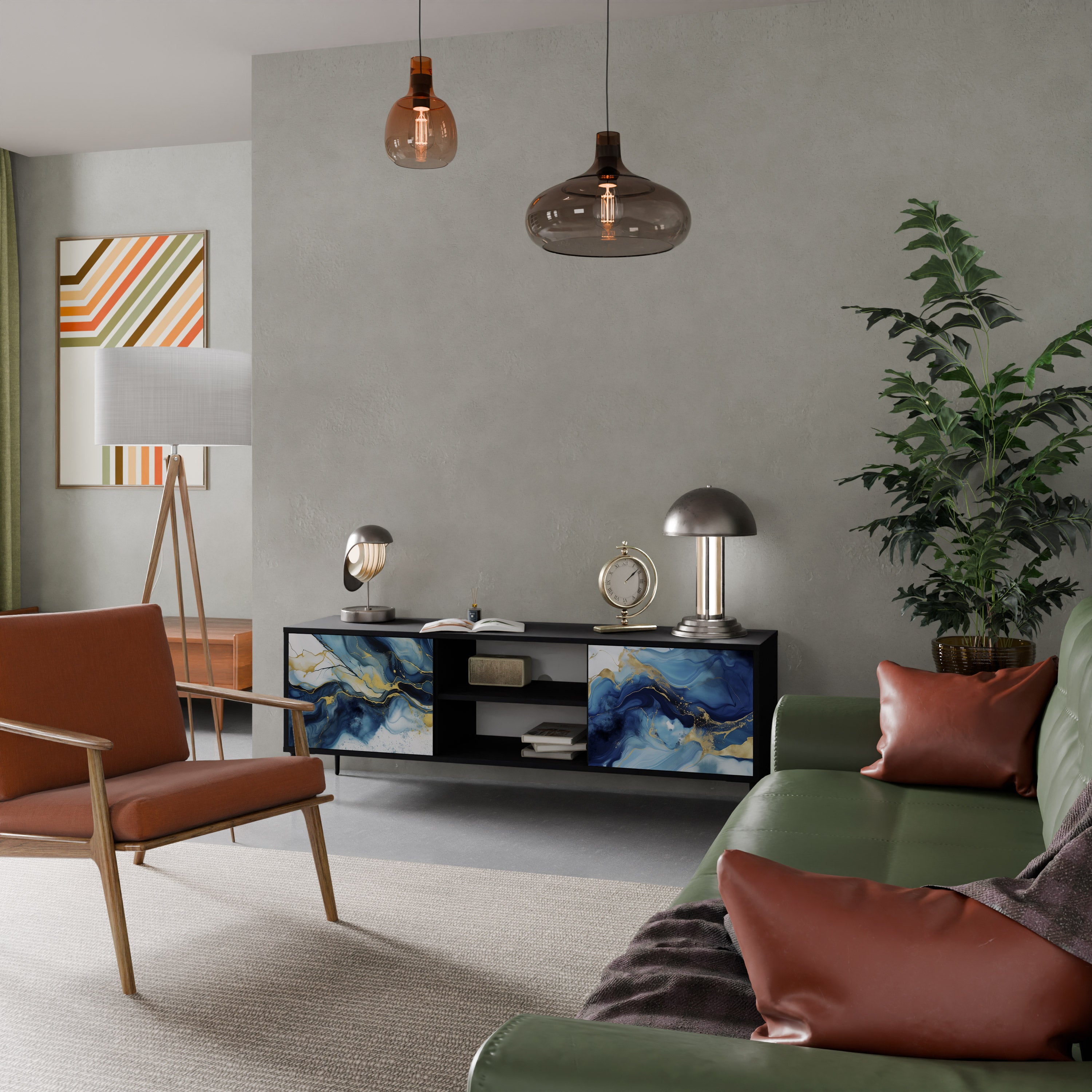 Mueble de TV de 2 puertas INKY MARBLE con acabado negro