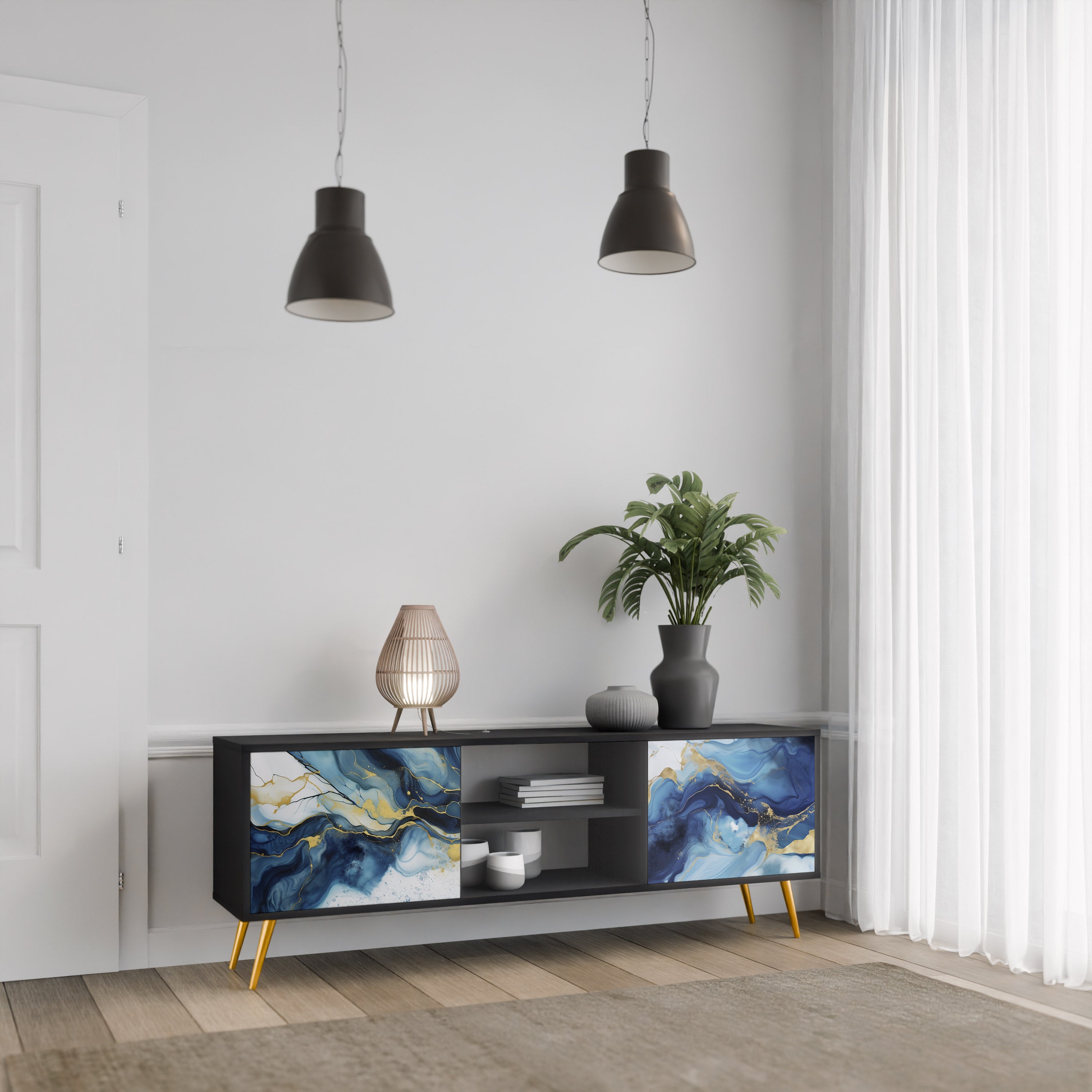 Mueble de TV de 2 puertas INKY MARBLE con acabado negro