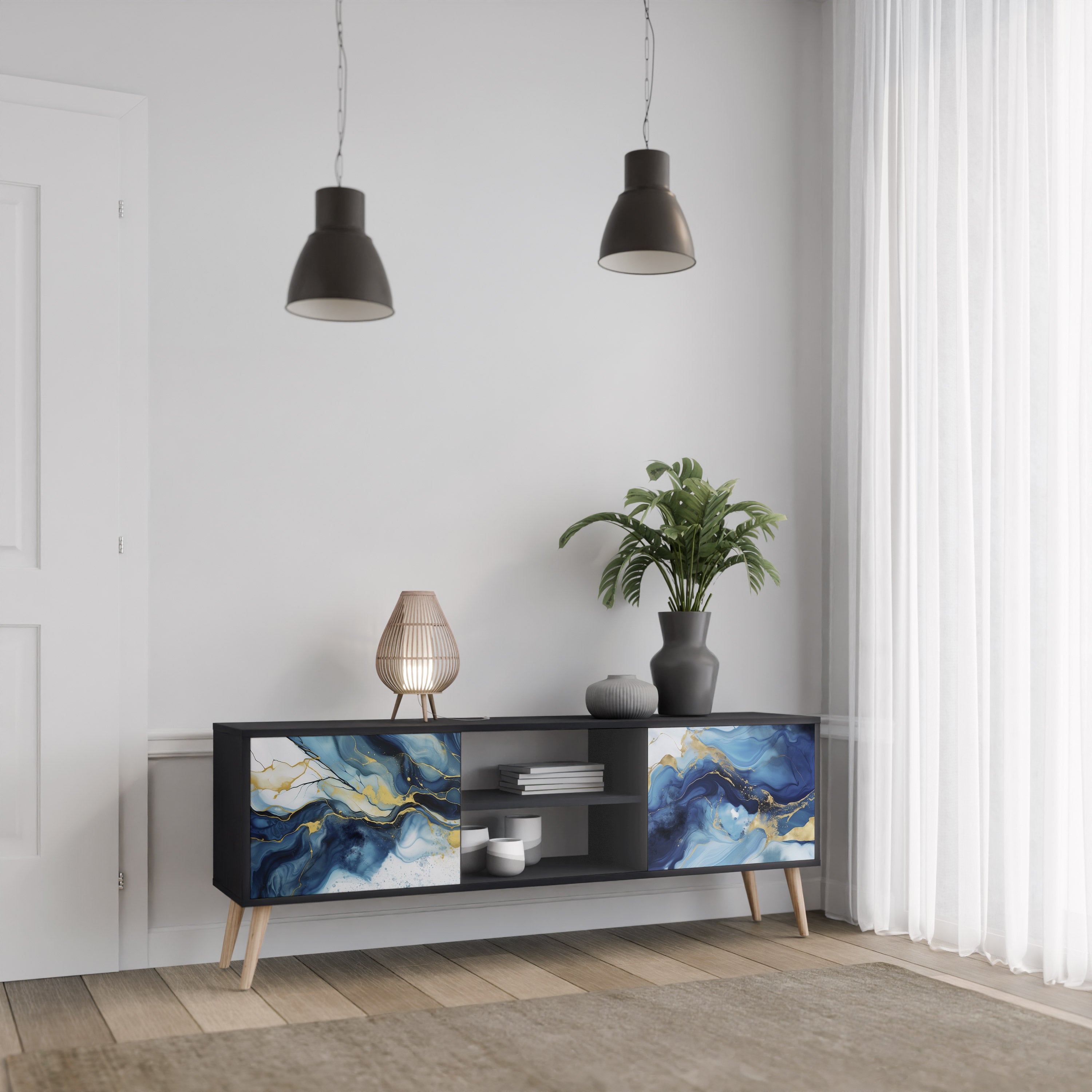 Mueble de TV de 2 puertas INKY MARBLE con acabado negro