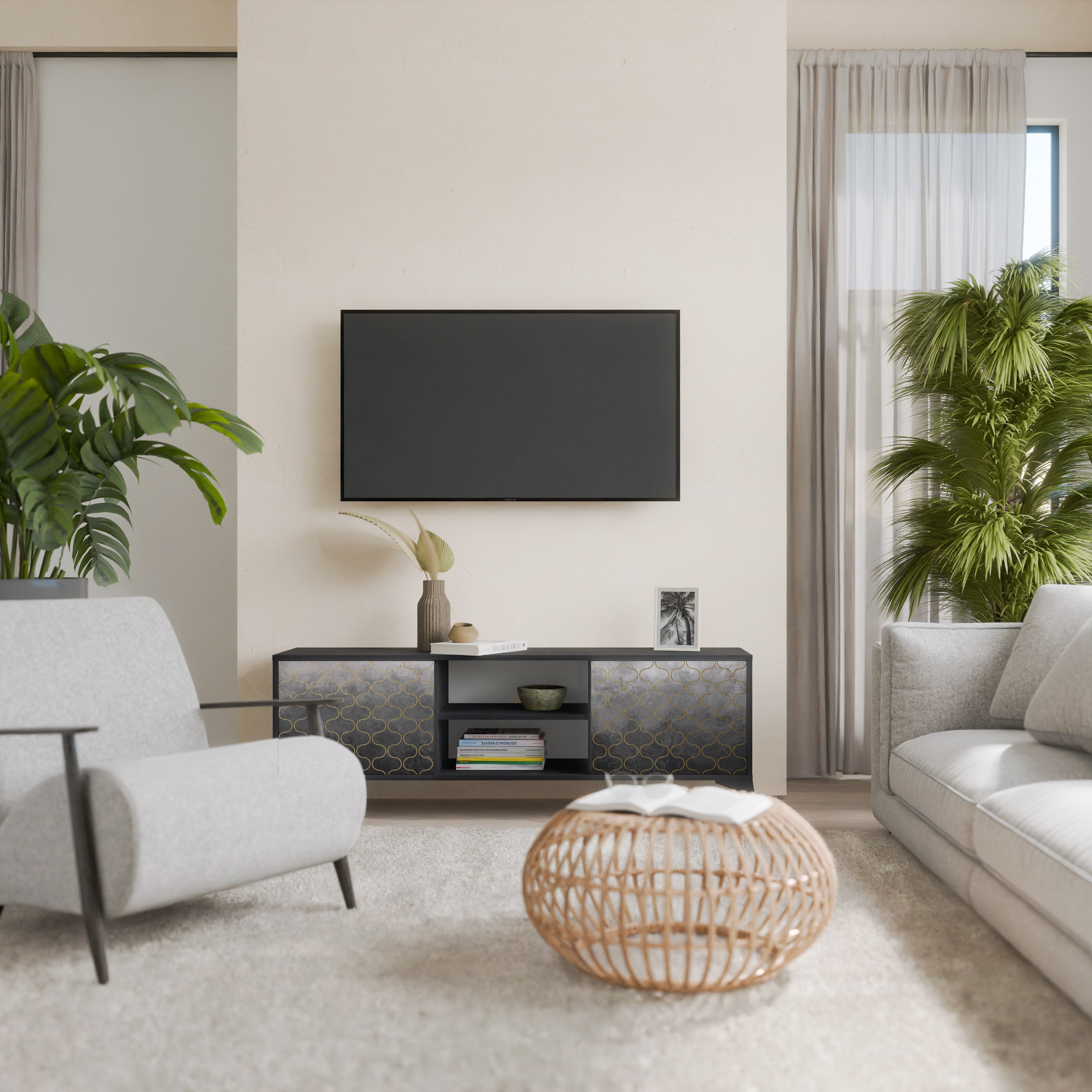 Mueble para TV de 2 puertas en color grisáceo teselado con acabado negro