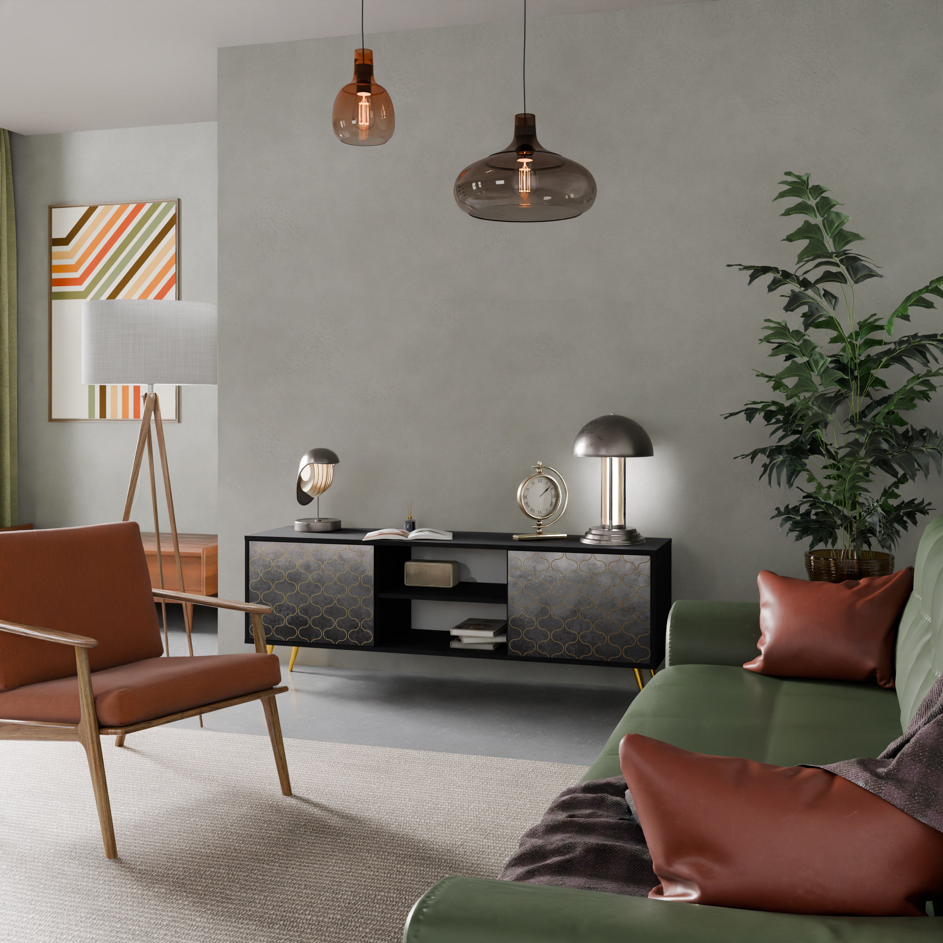 Mueble para TV de 2 puertas en color grisáceo teselado con acabado negro