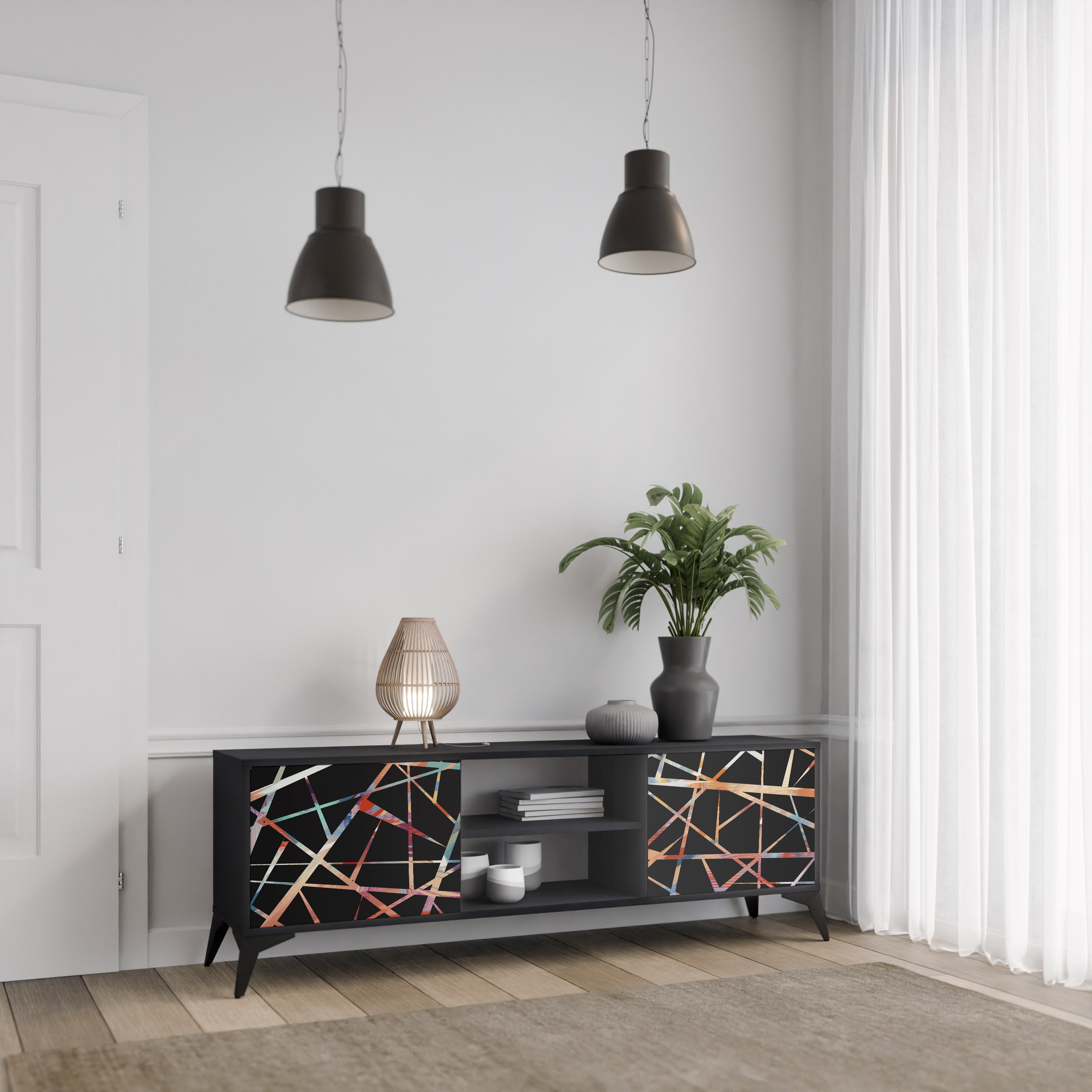 Mueble de TV de 2 puertas POLYGON VERVE con acabado negro