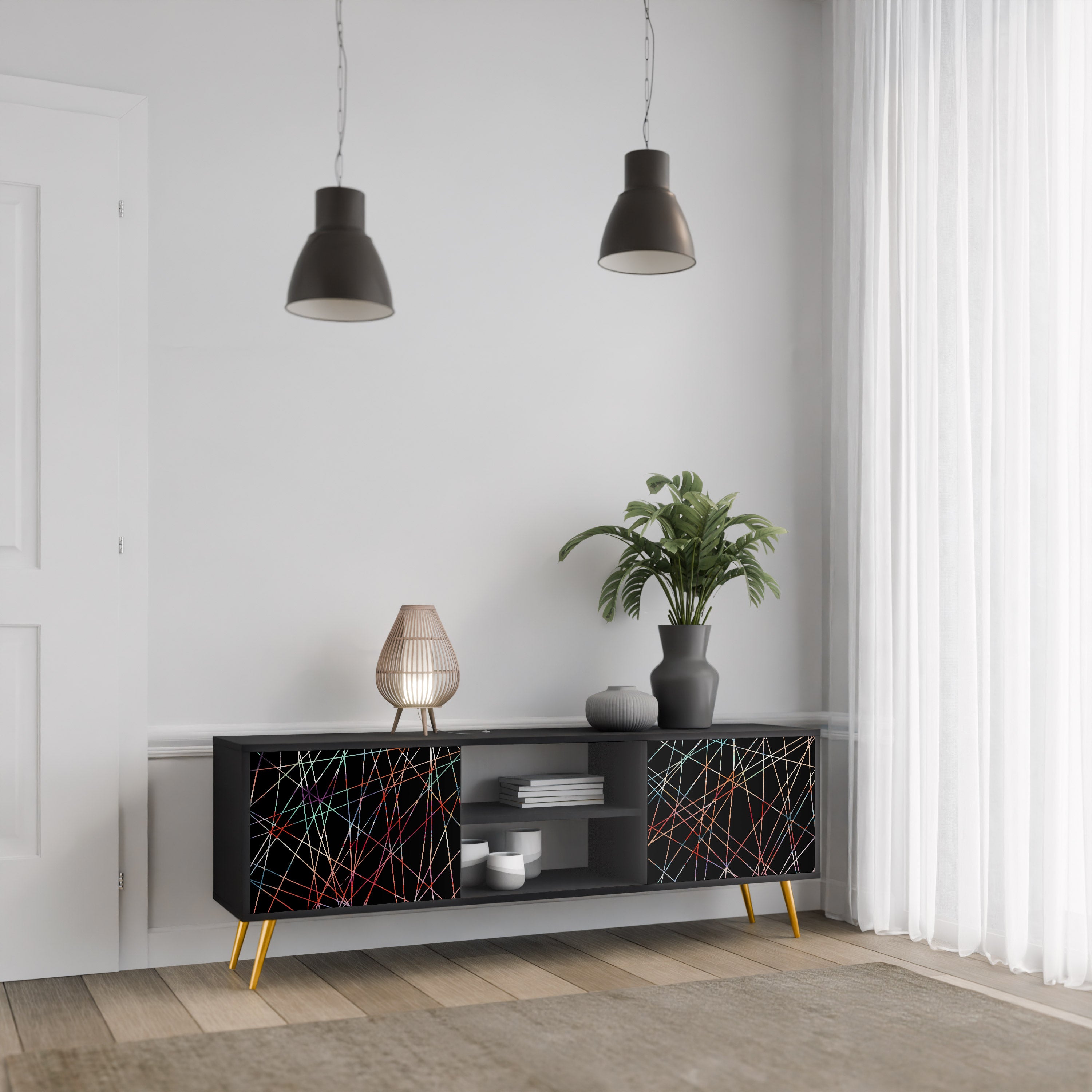 Mueble de TV de 2 puertas LUMINOUS SNARE con acabado negro