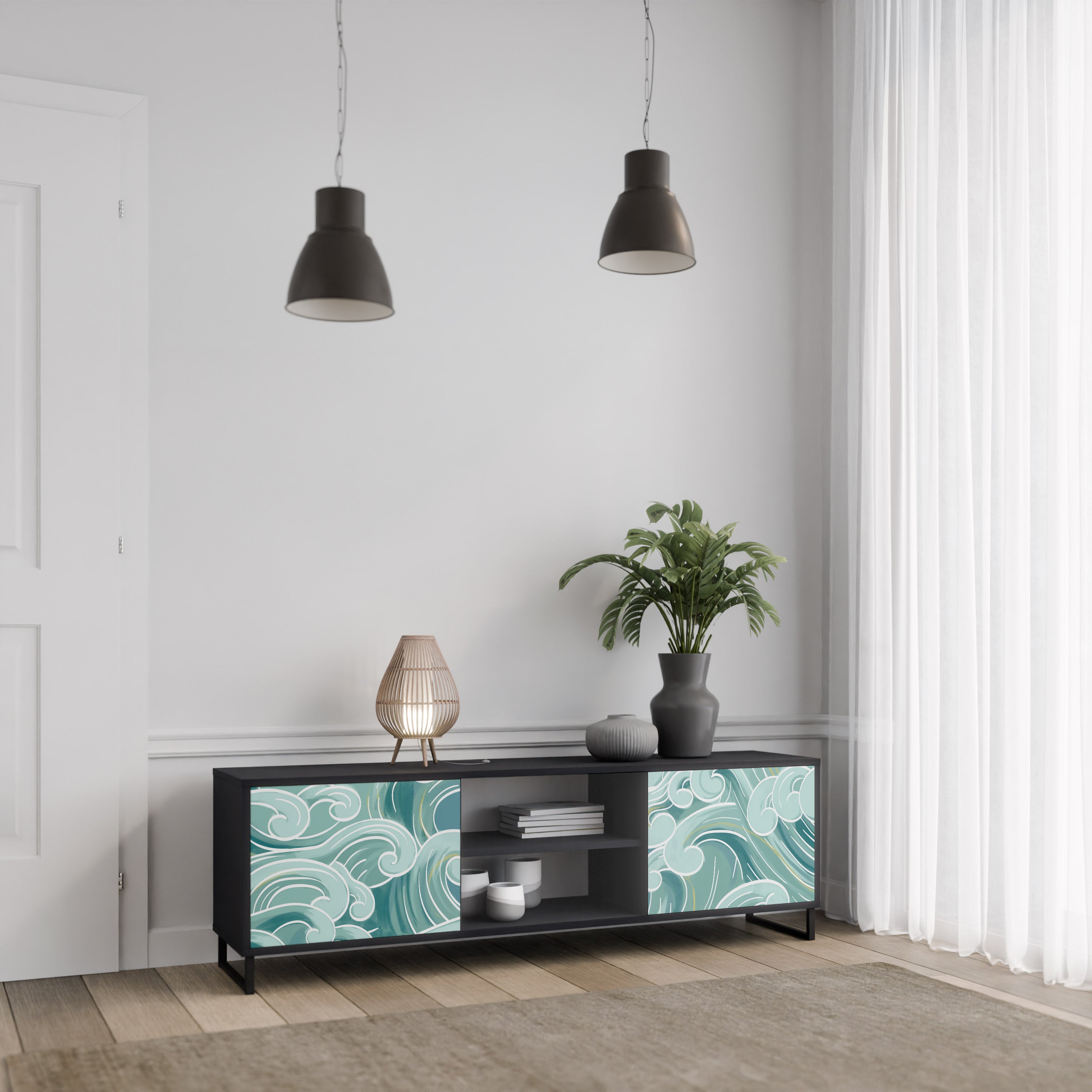Mueble de TV ASIAN SWAY de 2 puertas con acabado negro