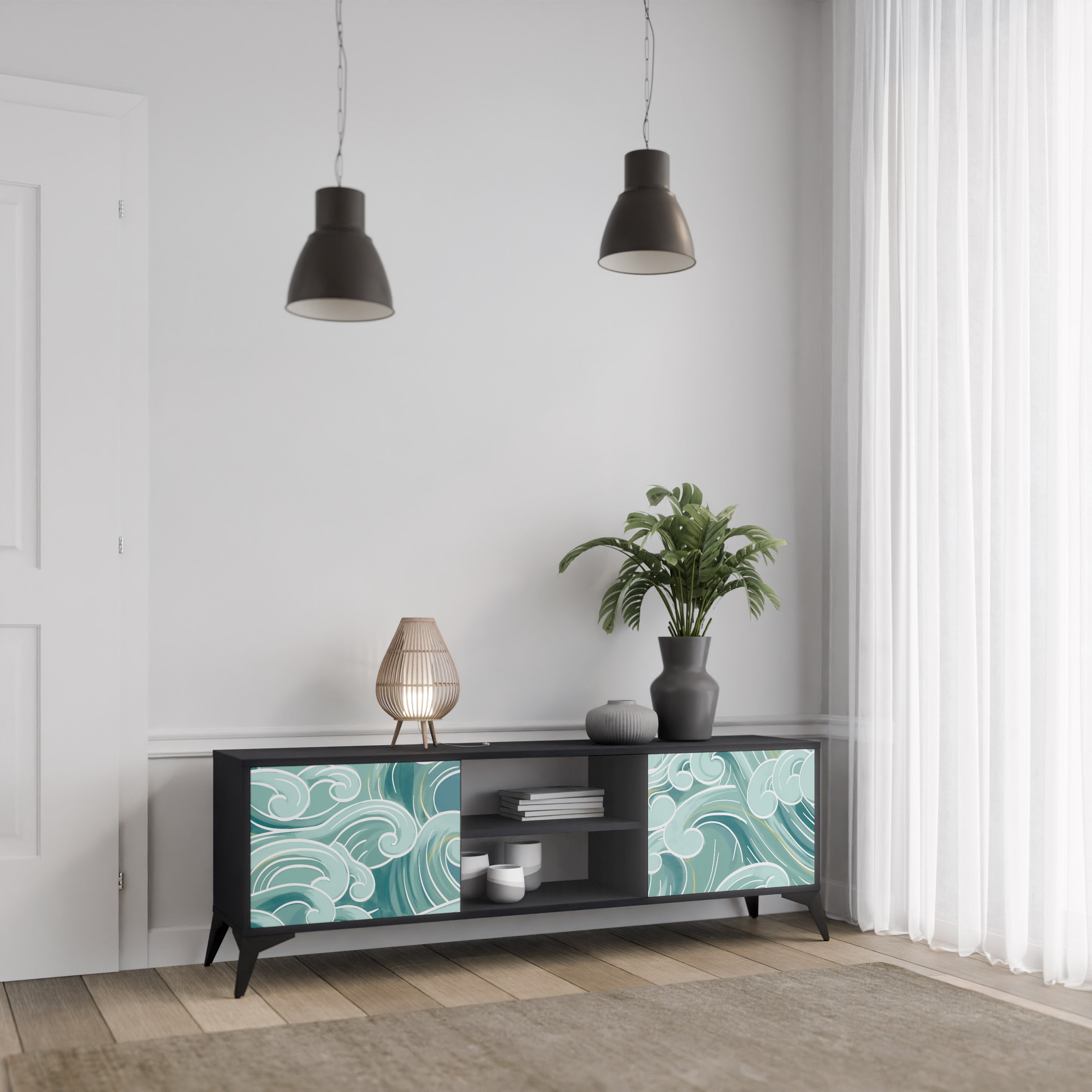 Mueble de TV ASIAN SWAY de 2 puertas con acabado negro