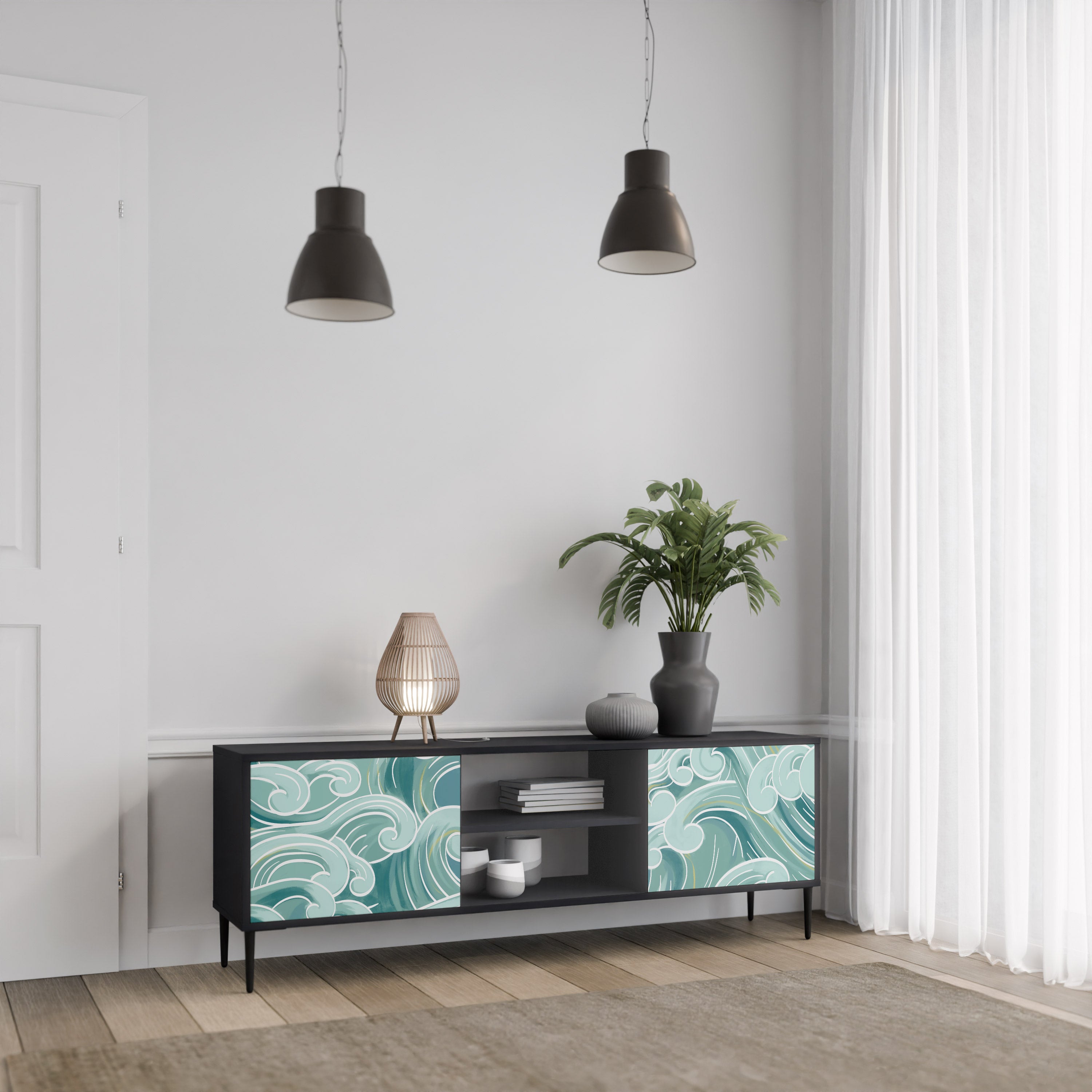 Mueble de TV ASIAN SWAY de 2 puertas con acabado negro