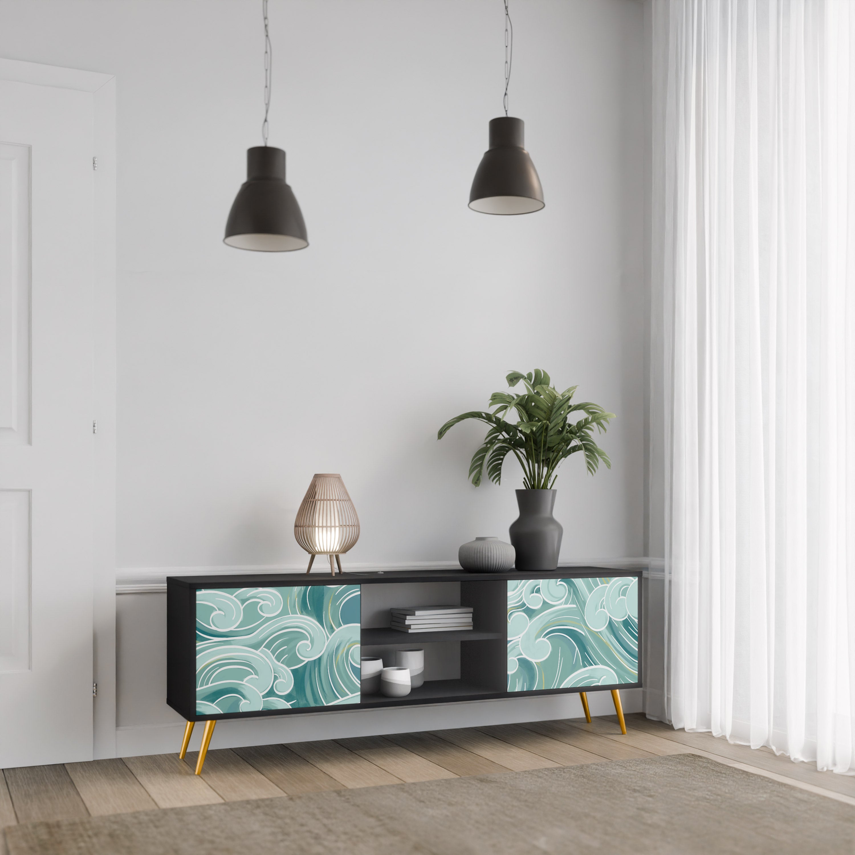 Mueble de TV ASIAN SWAY de 2 puertas con acabado negro
