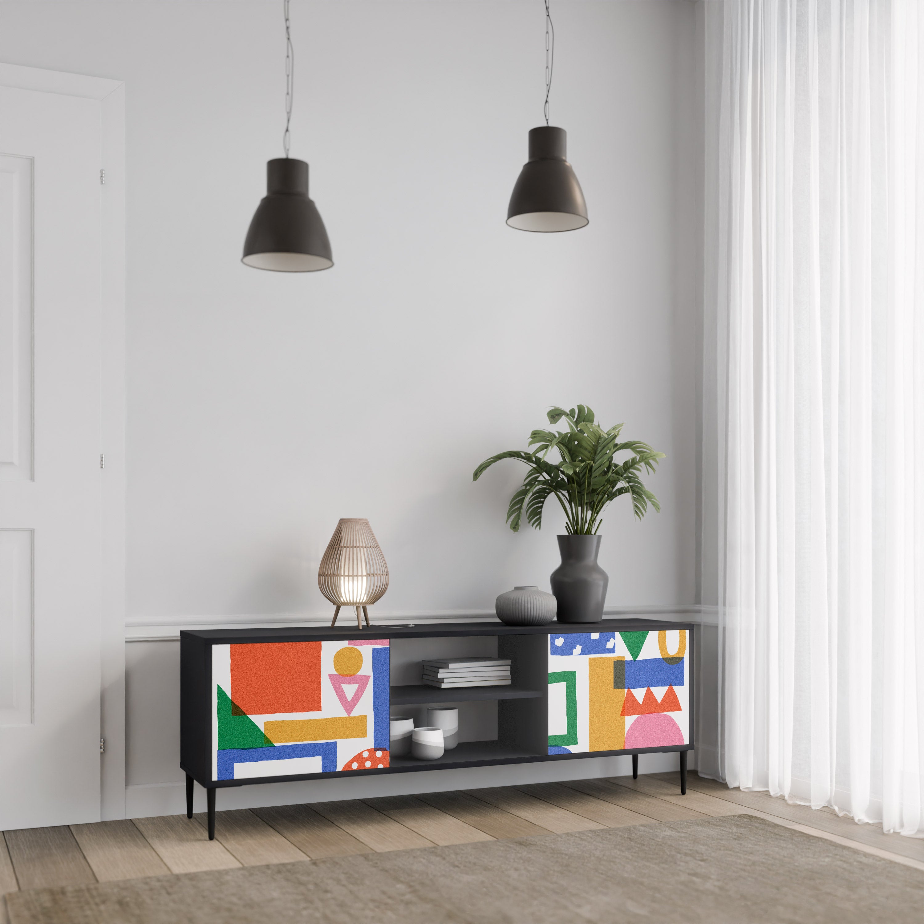 Mueble de TV de 2 puertas GEOMETRIC GLIMMER con acabado negro