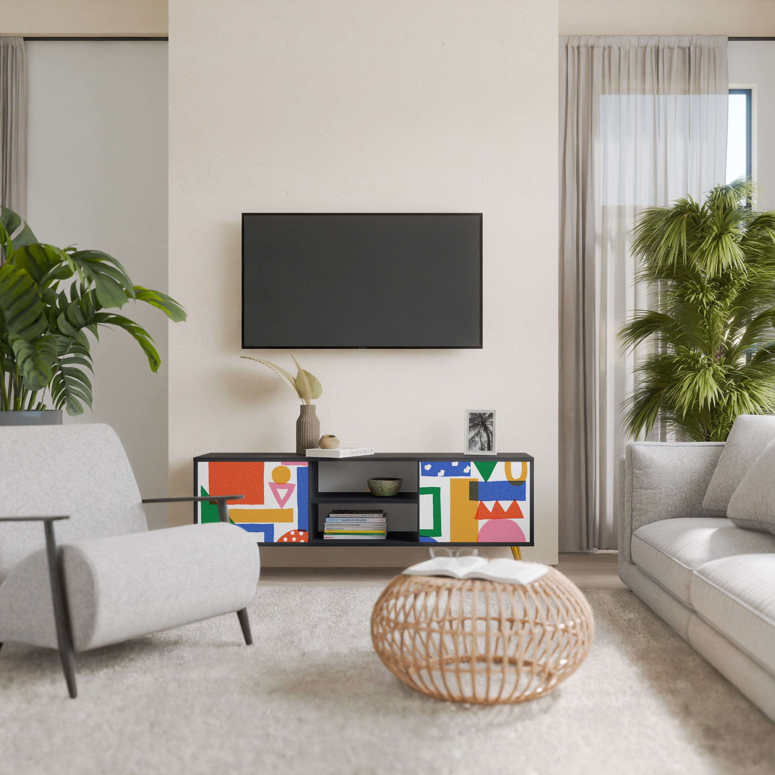 Mueble de TV de 2 puertas GEOMETRIC GLIMMER con acabado negro