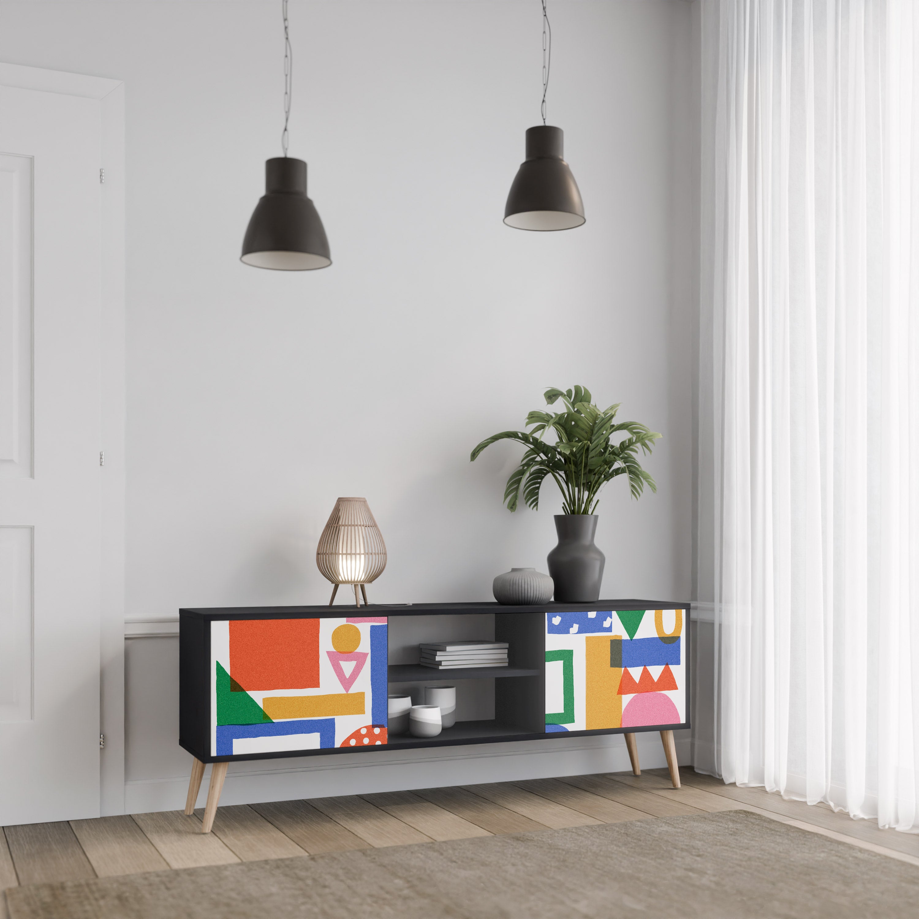 Mueble de TV de 2 puertas GEOMETRIC GLIMMER con acabado negro
