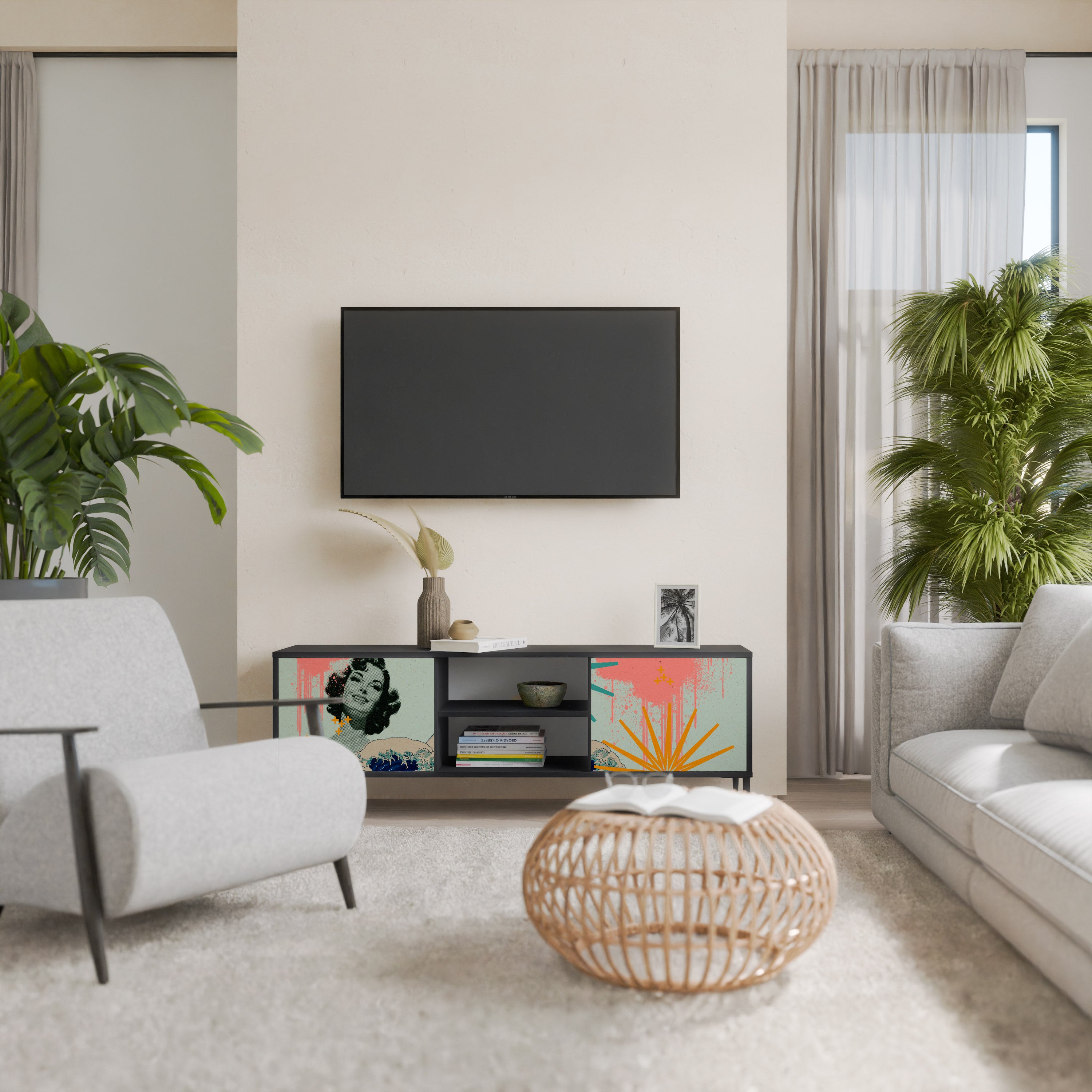 Mueble de TV de 2 puertas KANAGAWA BEAUTY con acabado negro