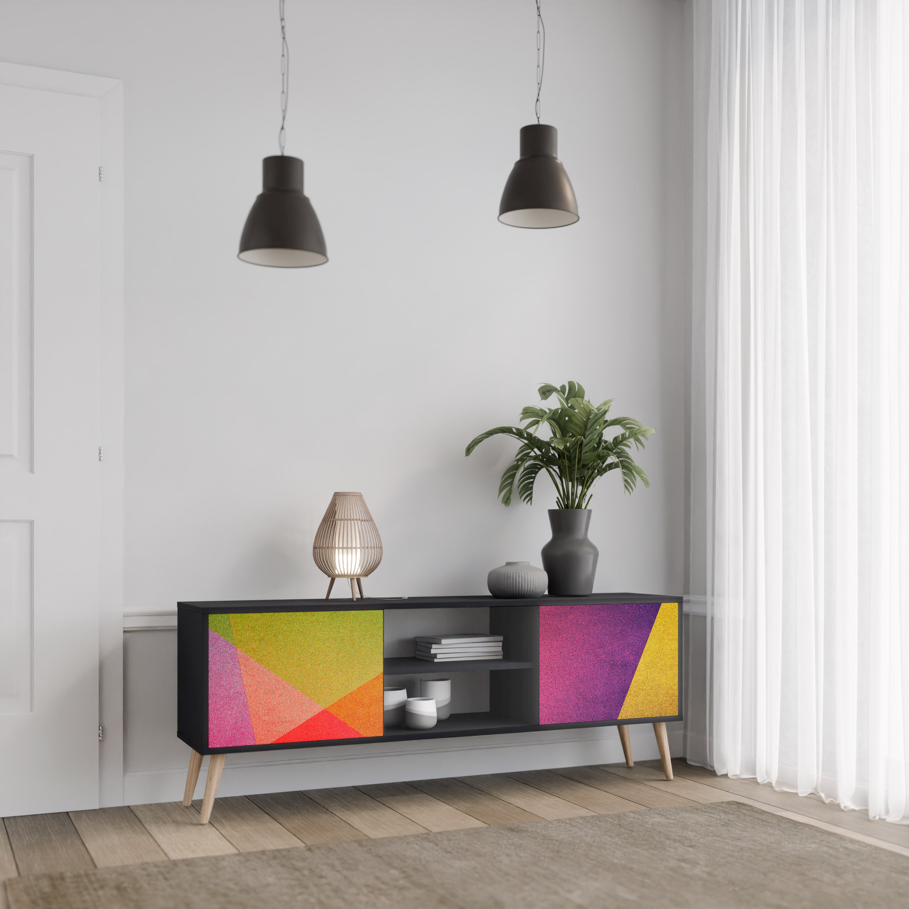 Mueble de TV de 2 puertas VIVID GEOMETRY con acabado negro