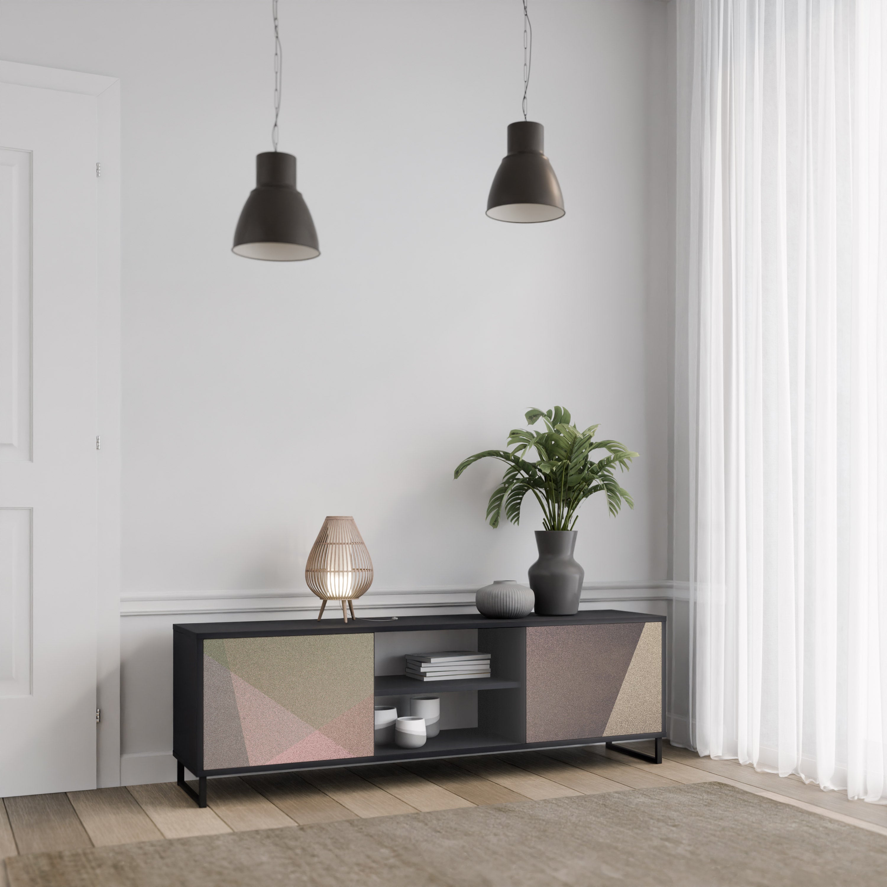 Mueble de TV de 2 puertas BEIGE GEOMETRY en acabado negro