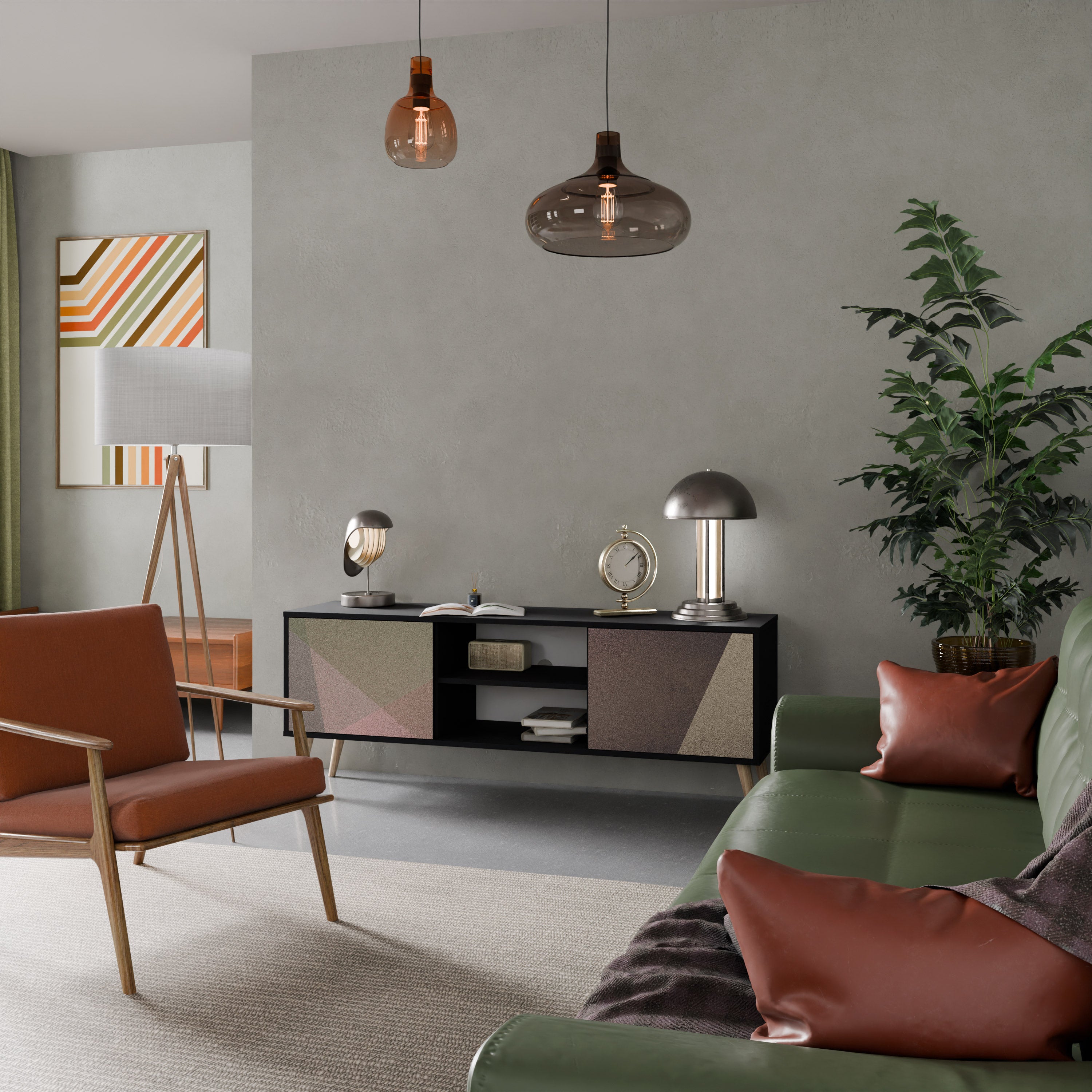 Mueble de TV de 2 puertas BEIGE GEOMETRY en acabado negro