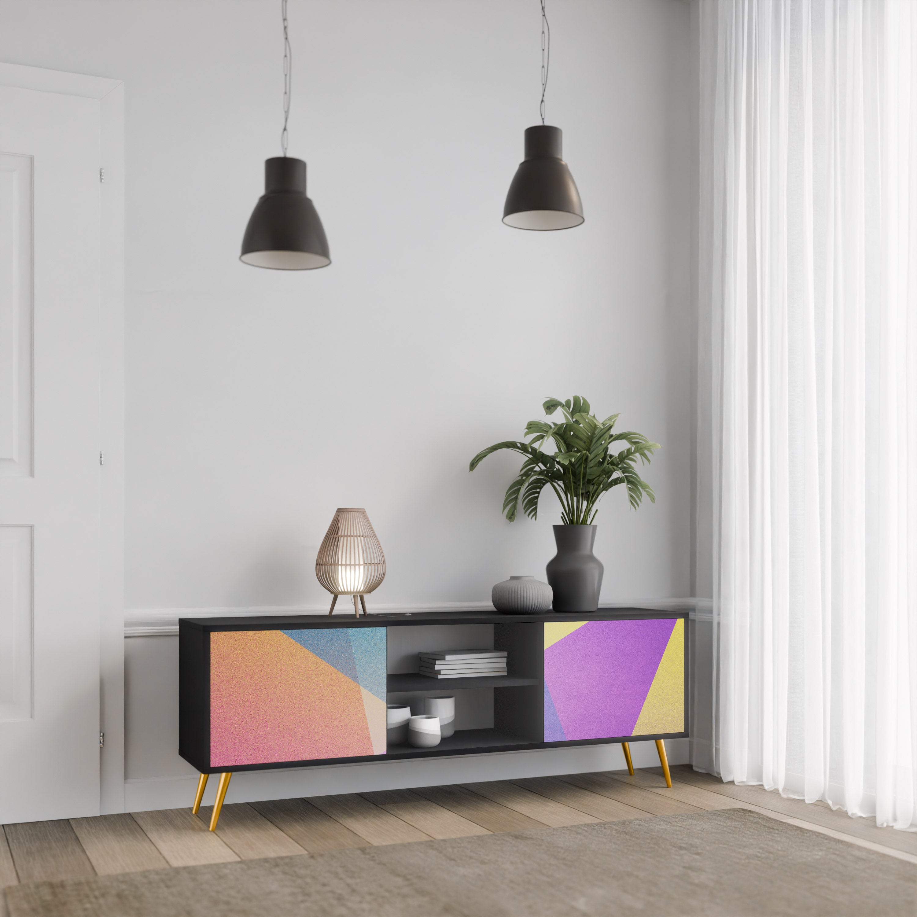 Mueble de TV de 2 puertas BRIGHT GEOMETRY con acabado negro