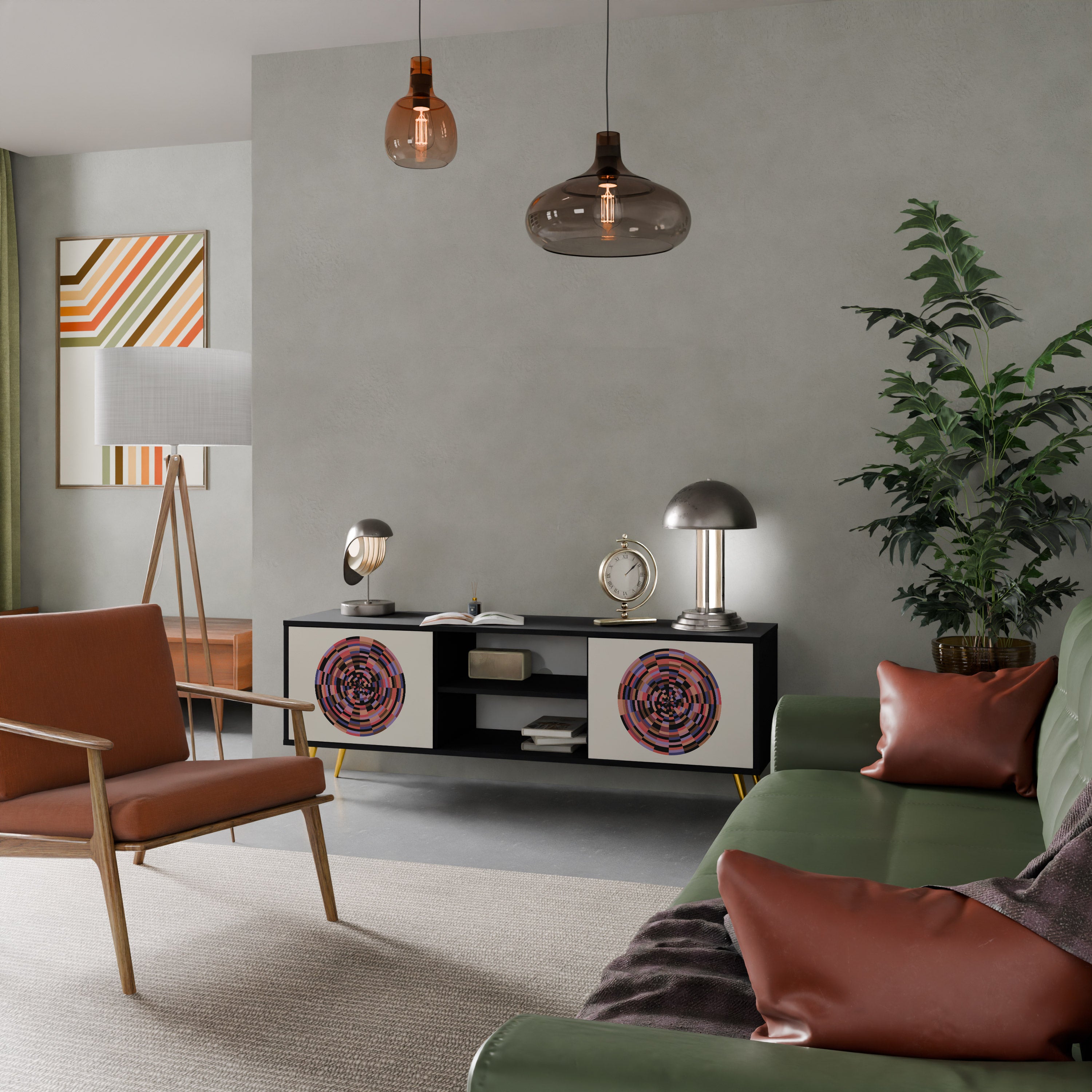 Mueble de TV de 2 puertas BROWN CIRCLES con acabado negro