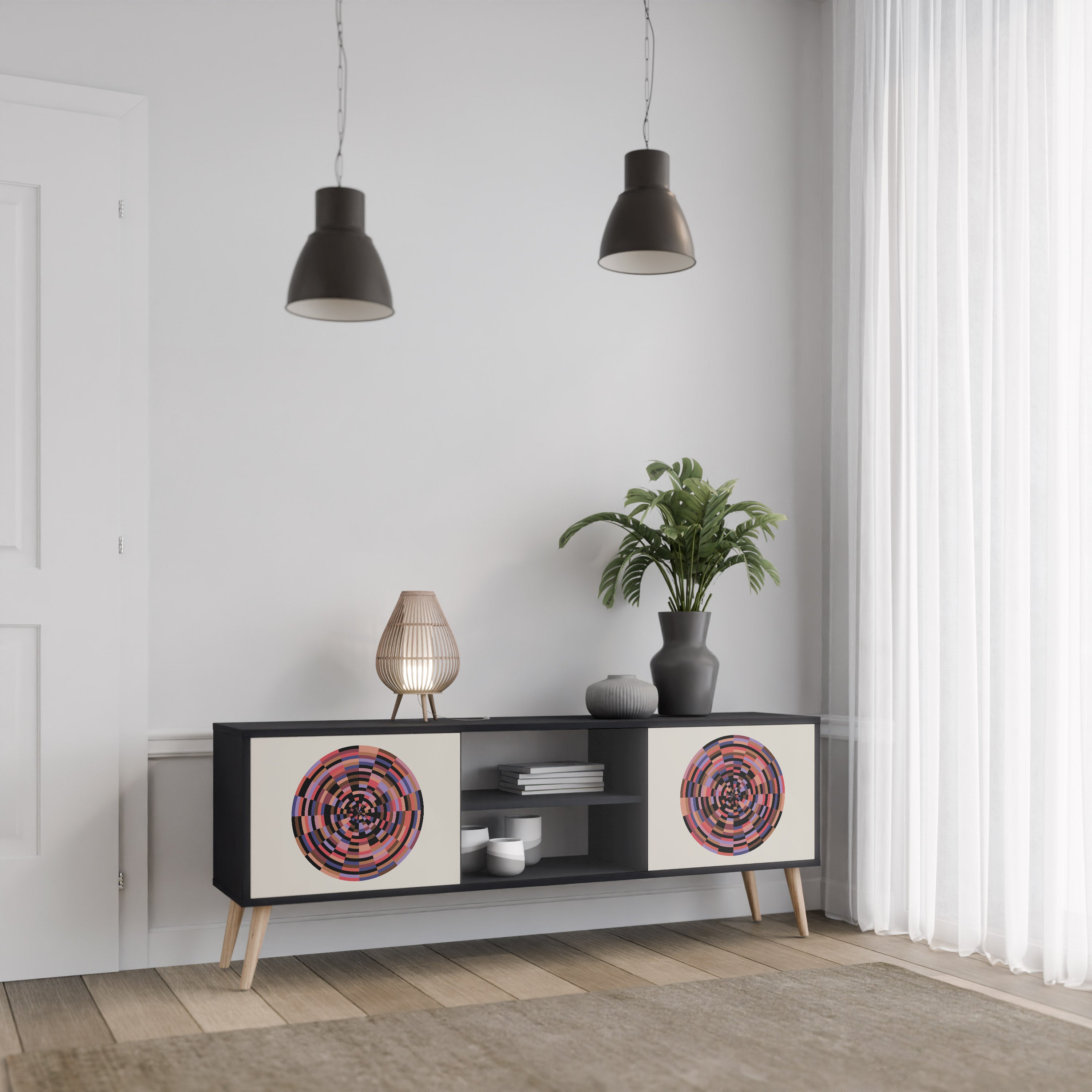 Mueble de TV de 2 puertas BROWN CIRCLES con acabado negro