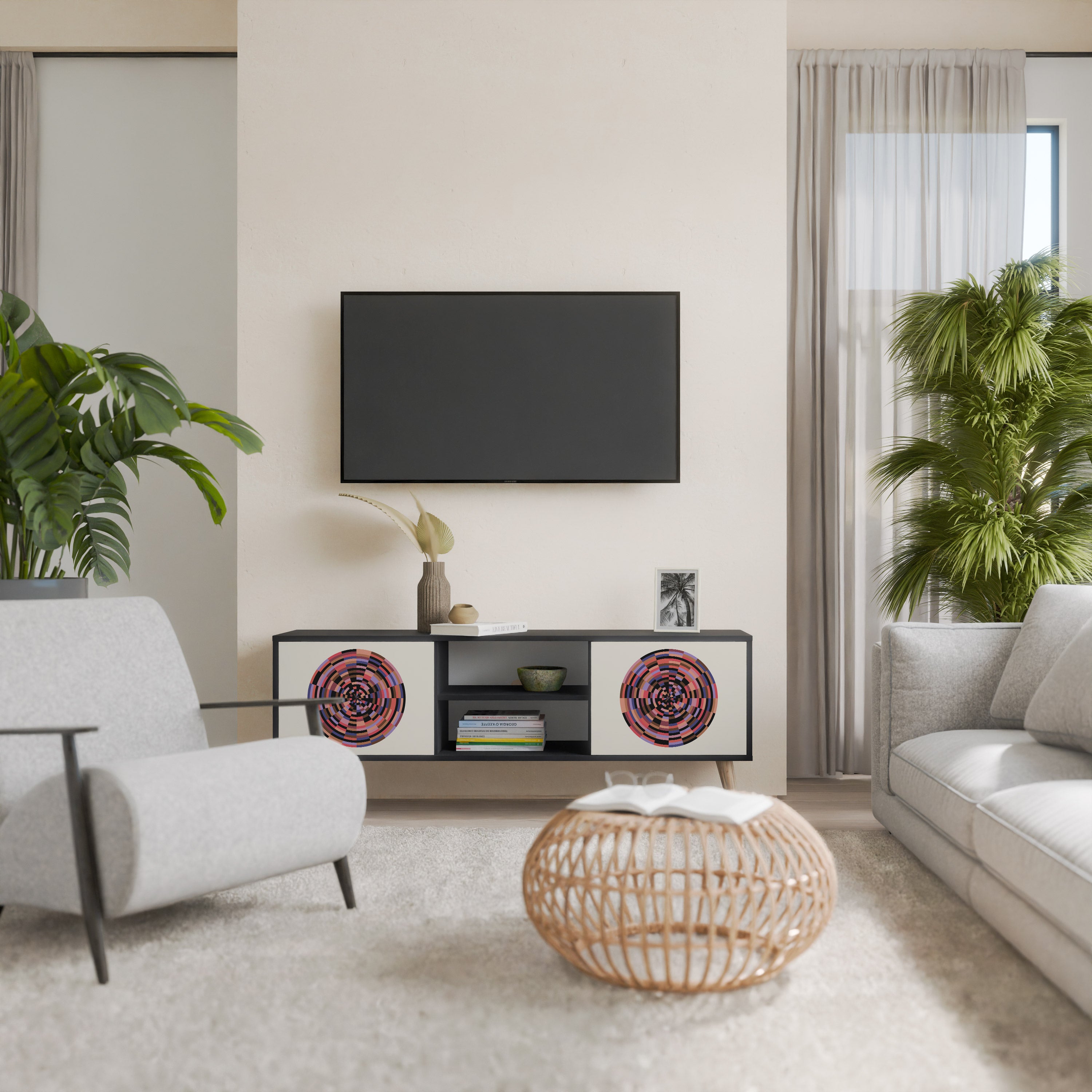 Mueble de TV de 2 puertas BROWN CIRCLES con acabado negro