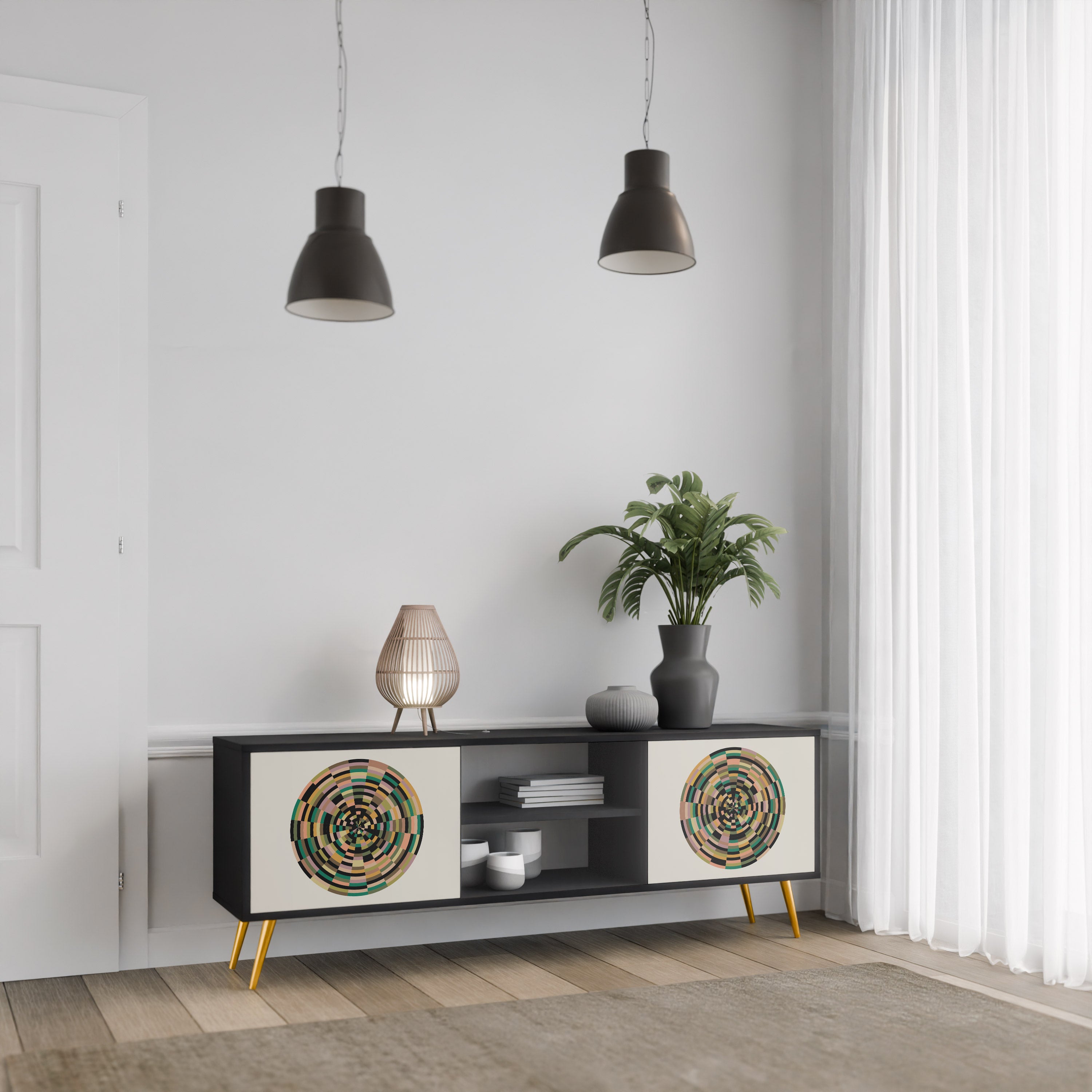 Mueble de TV de 2 puertas GREEN CIRCLES con acabado negro
