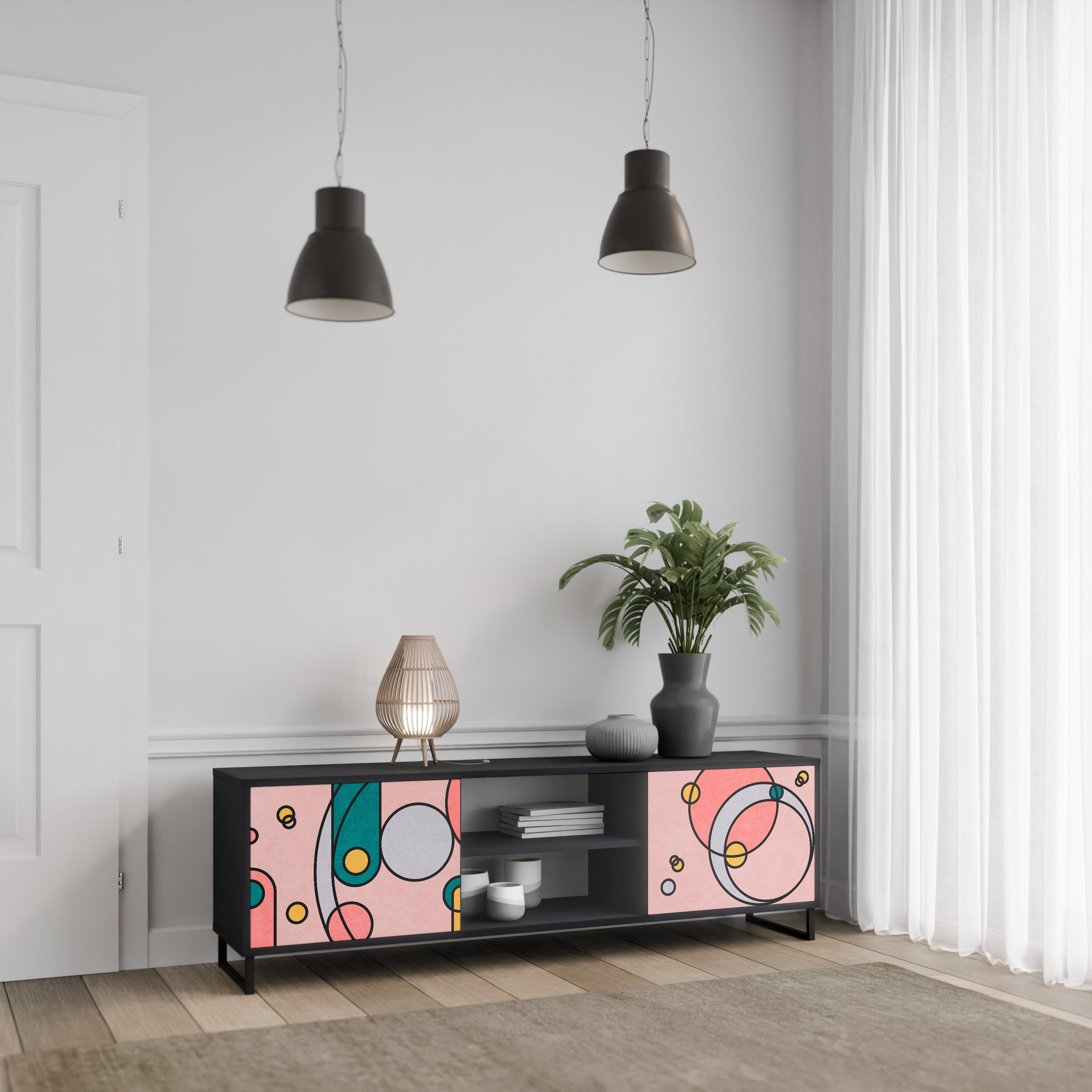 Mueble de TV de 2 puertas GOSSAMER ECHOES con acabado negro