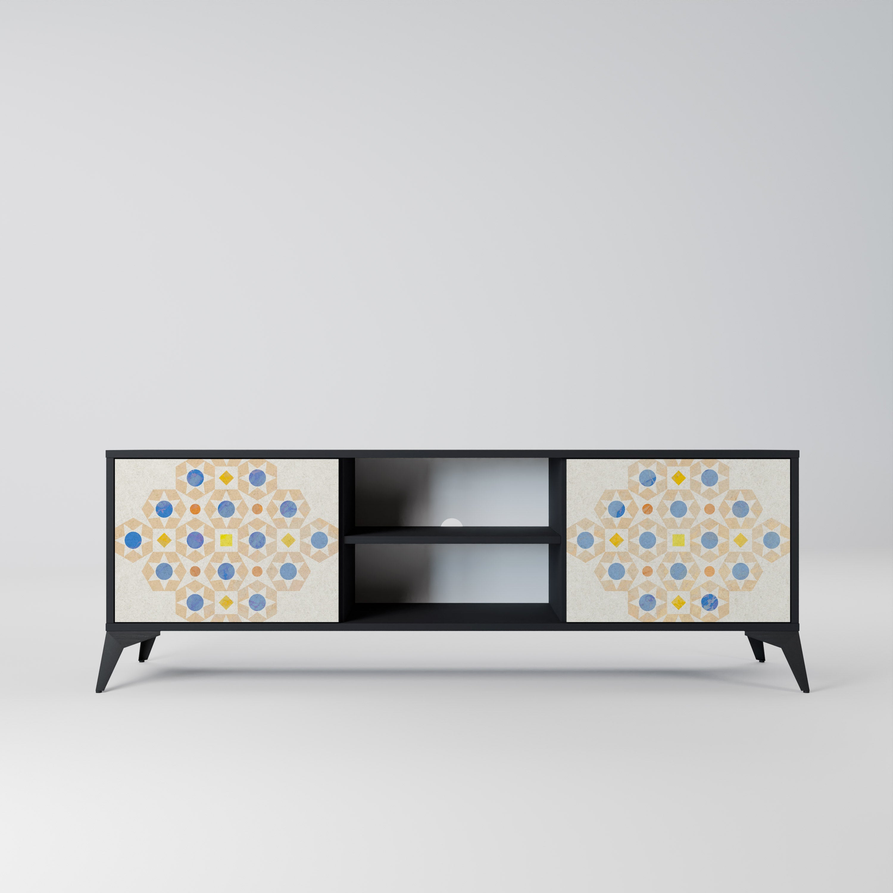 Mueble de TV de 2 puertas con diseño de prisma estampado en acabado negro