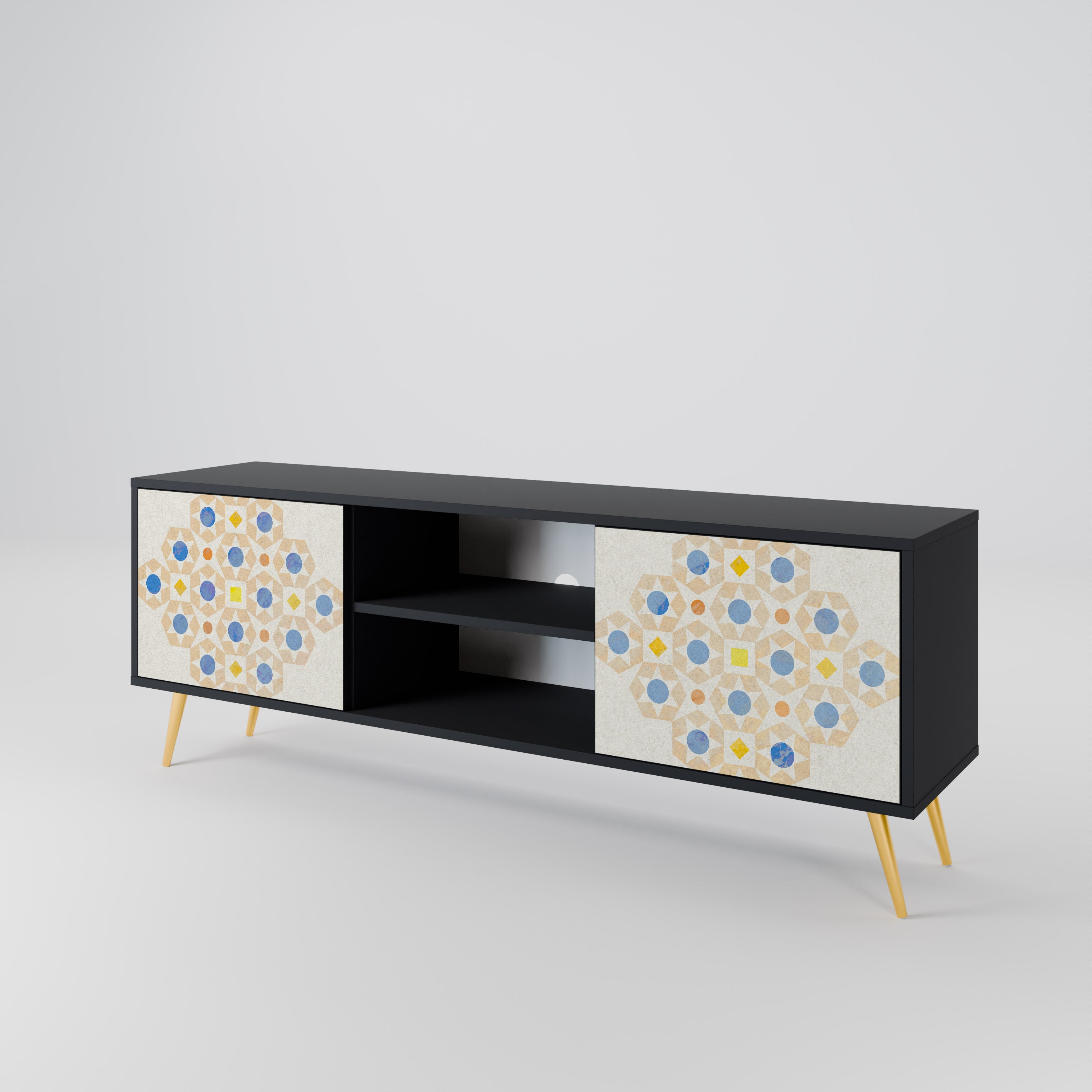 Mueble de TV de 2 puertas con diseño de prisma estampado en acabado negro