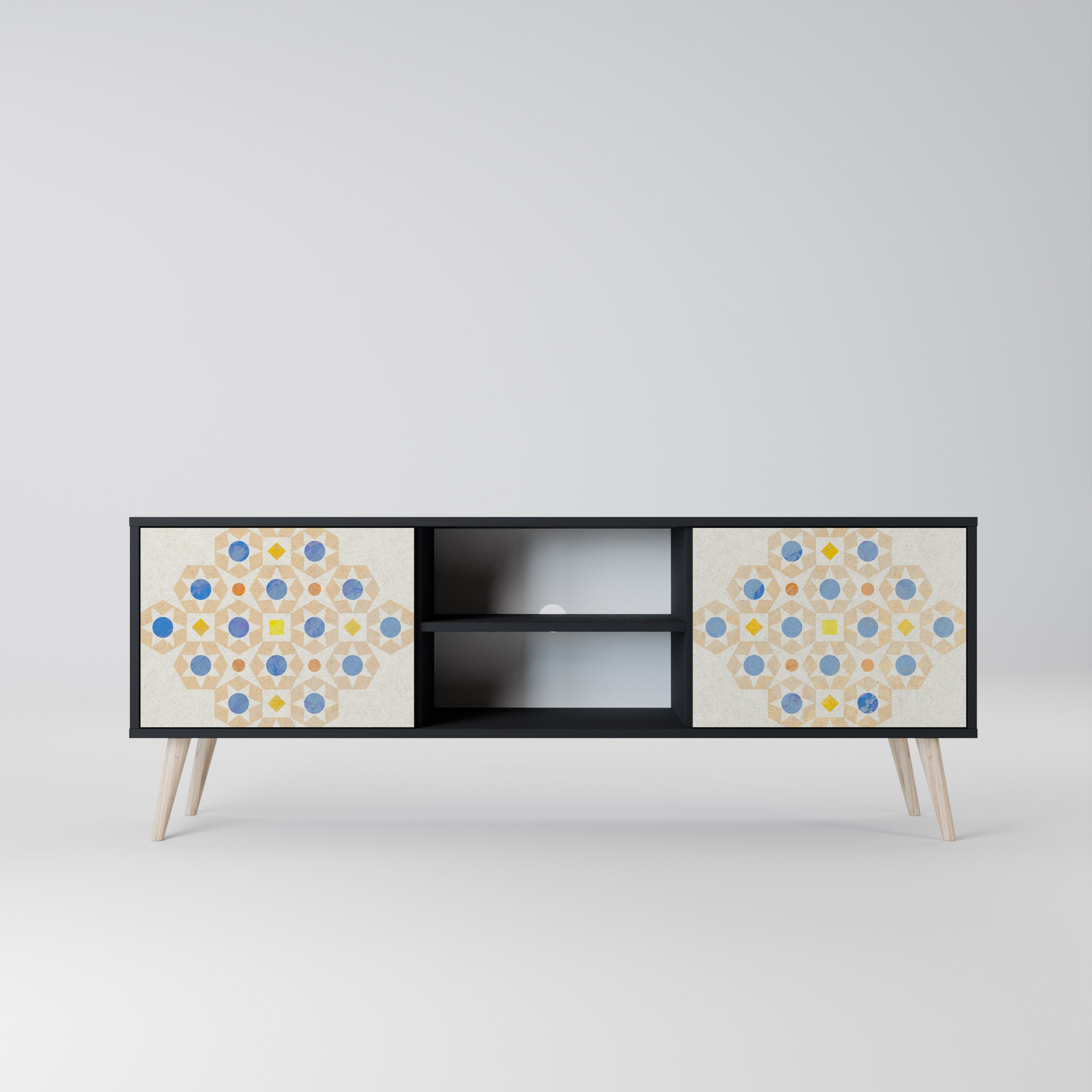 Mueble de TV de 2 puertas con diseño de prisma estampado en acabado negro