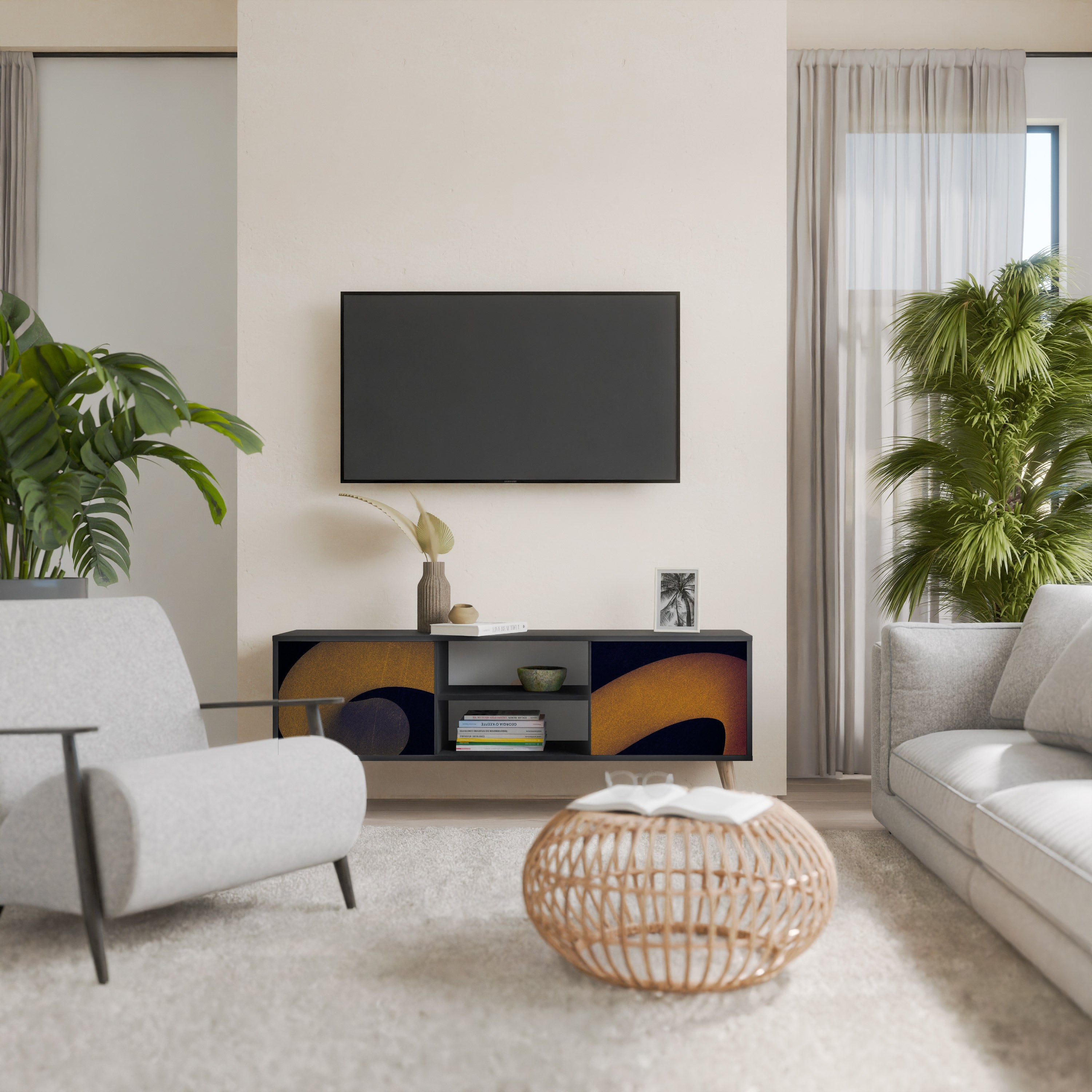 Mueble de TV HOLLOW TIME de 2 puertas con acabado negro