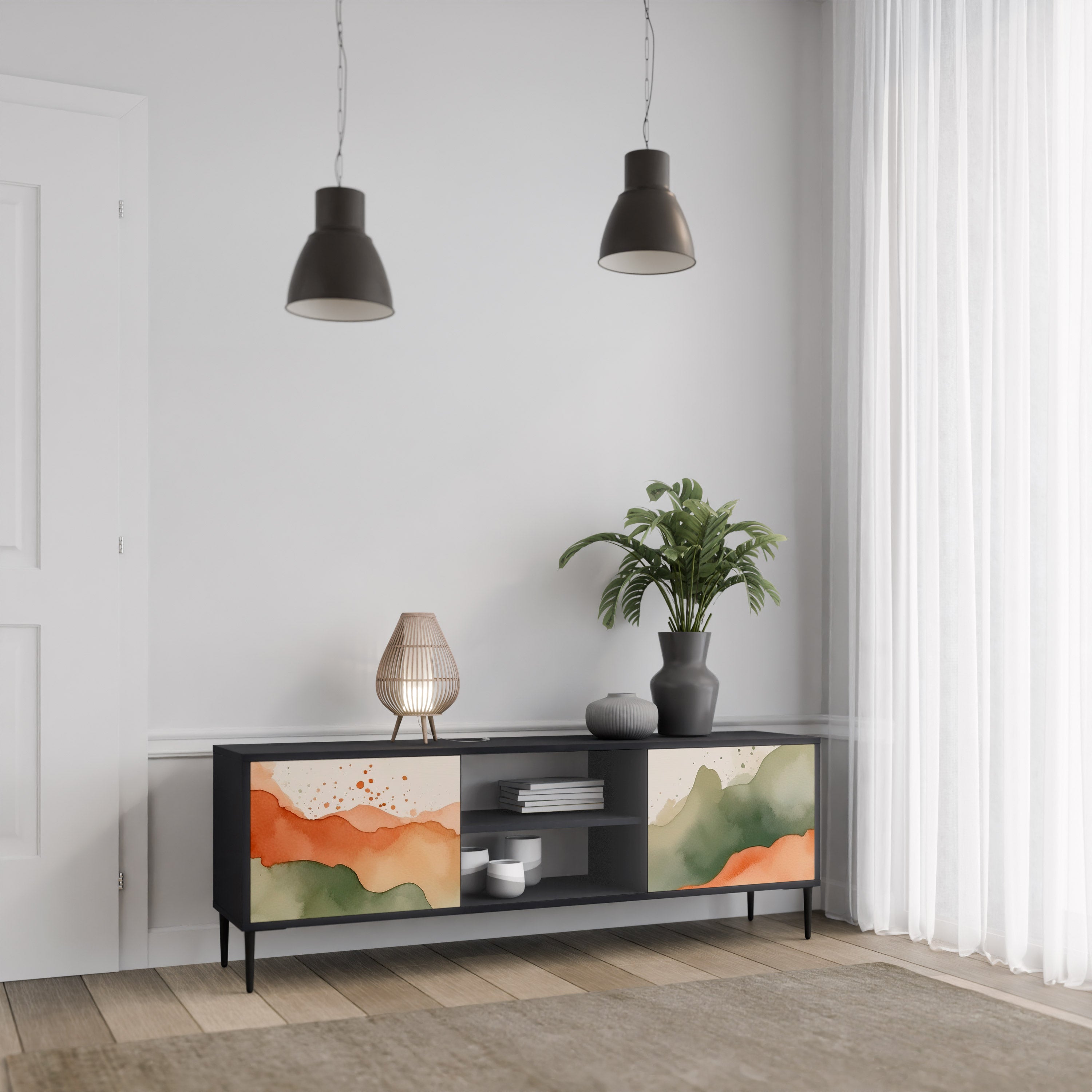 Mueble de TV WATERCOLOUR PEAKS de 2 puertas con acabado negro