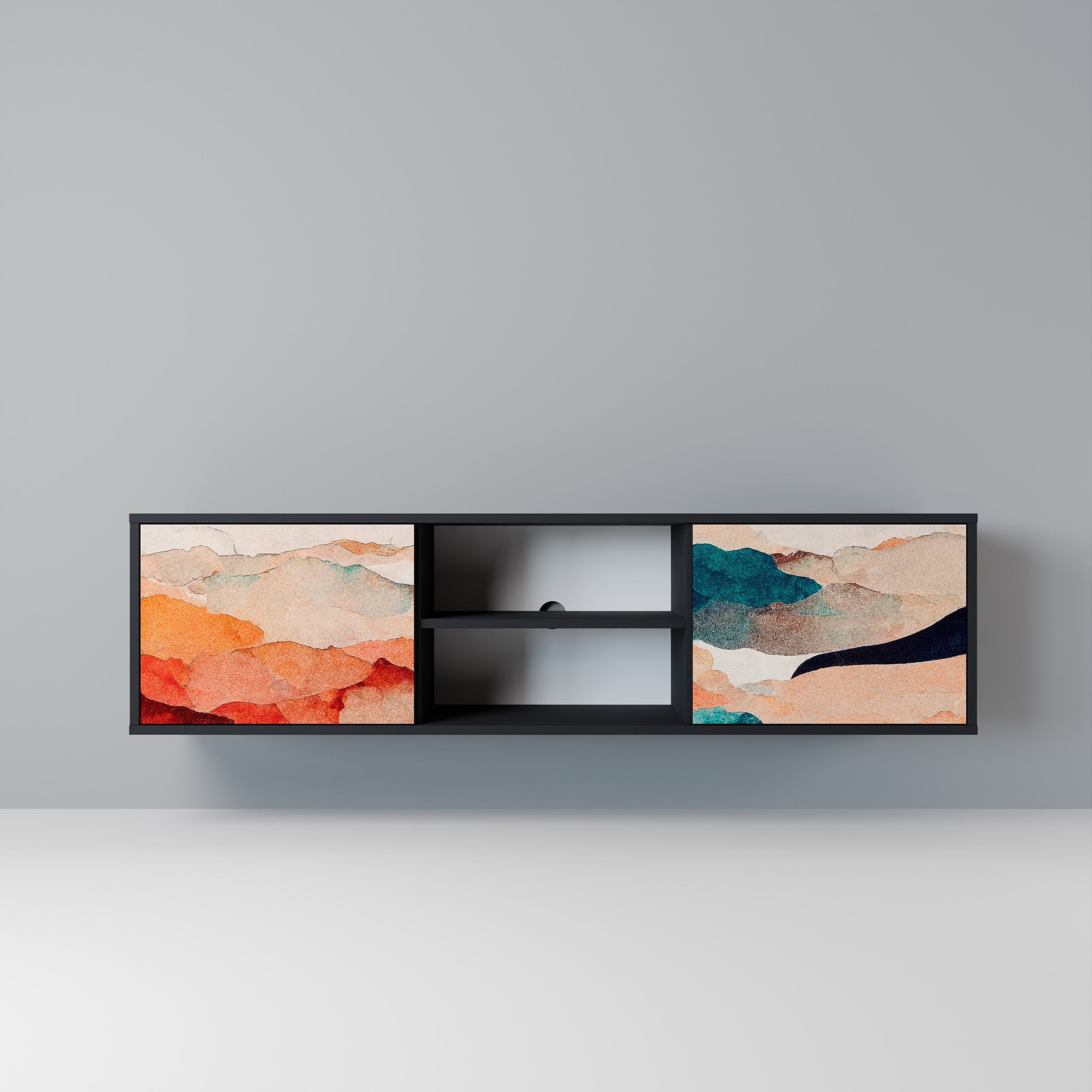 Mueble de TV de 2 puertas PAISAJE ABSTRACTO en acabado negro