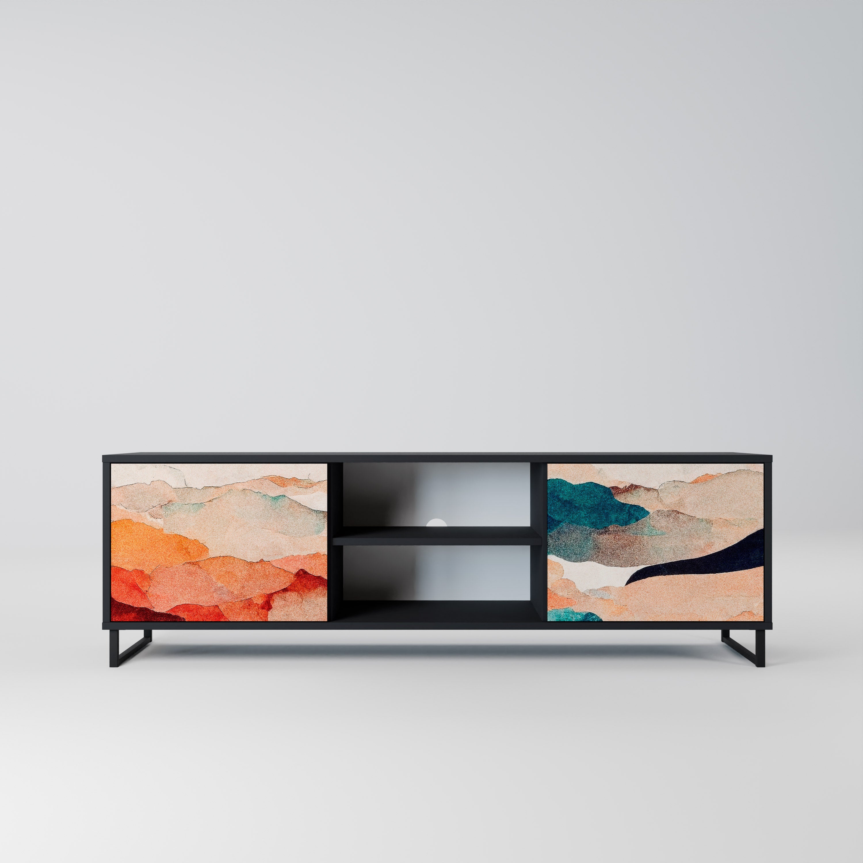 Mueble de TV de 2 puertas PAISAJE ABSTRACTO en acabado negro