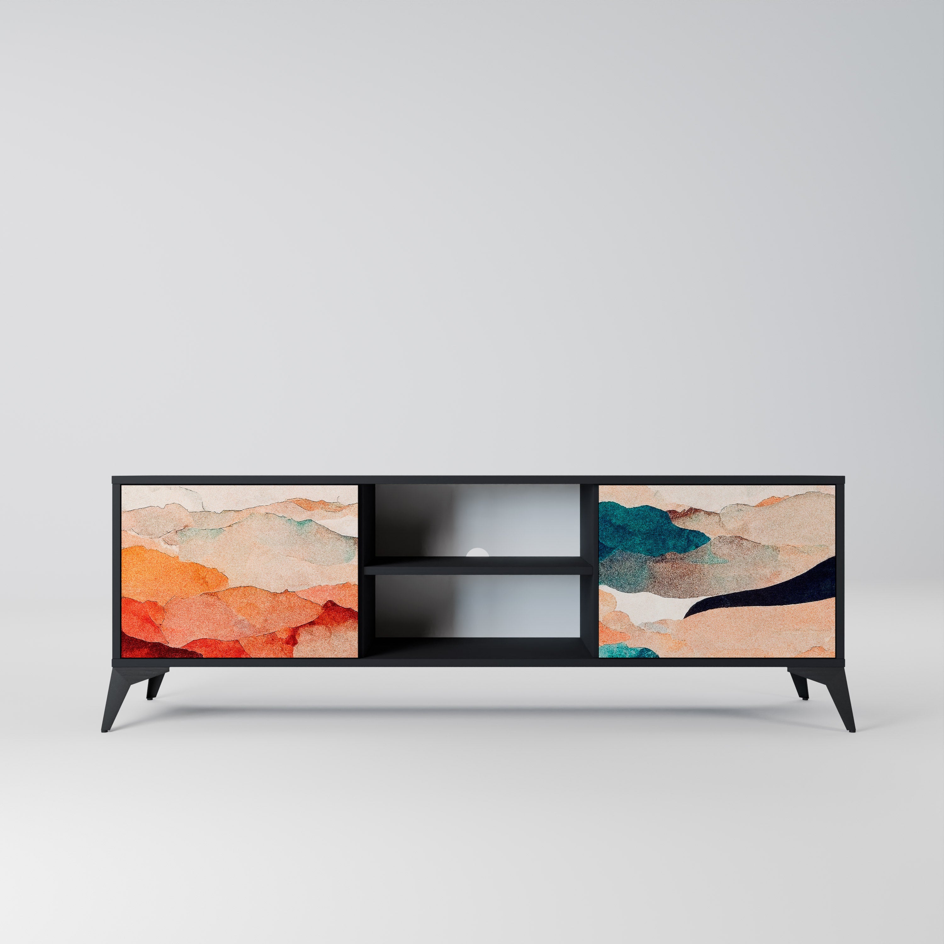 Mueble de TV de 2 puertas PAISAJE ABSTRACTO en acabado negro