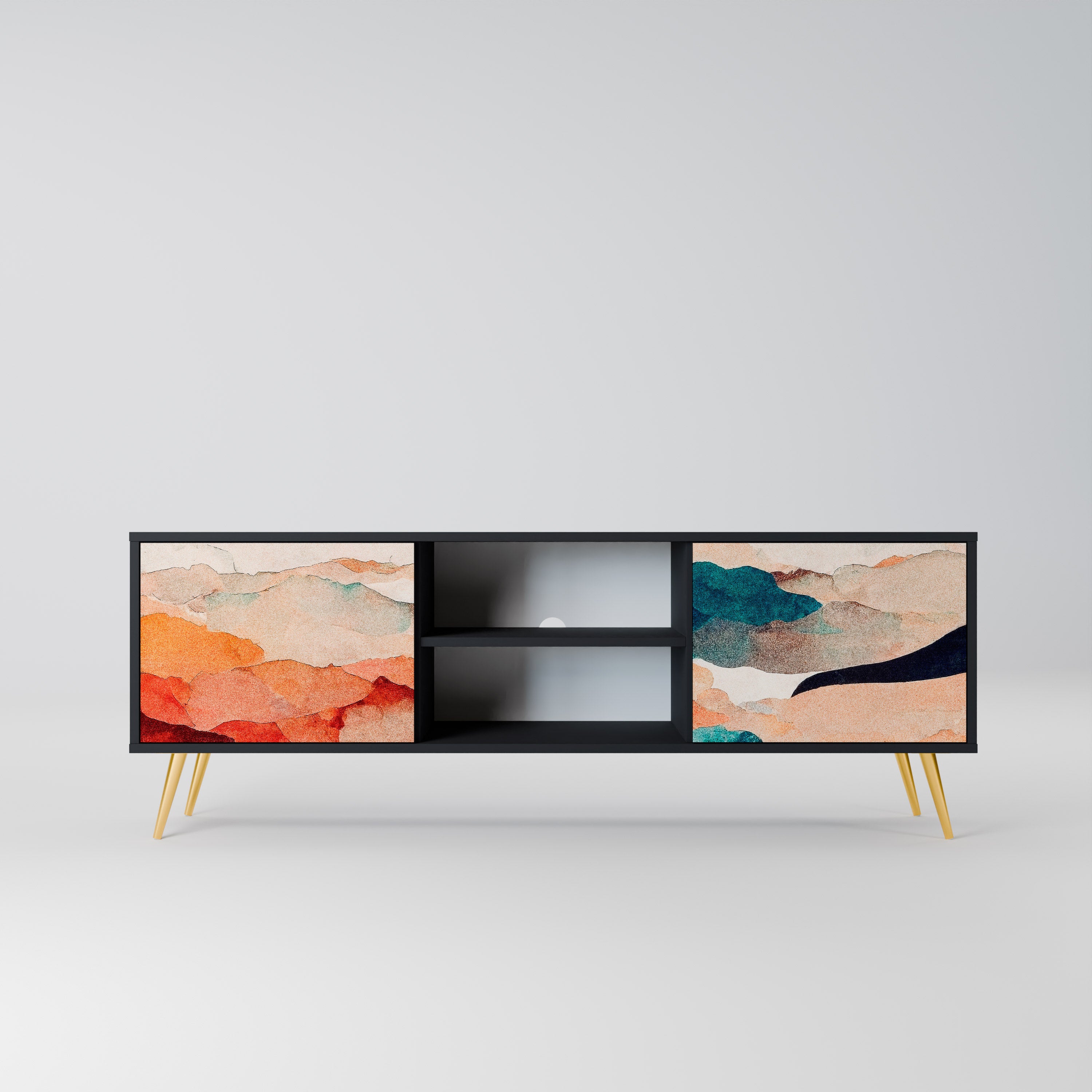 Mueble de TV de 2 puertas PAISAJE ABSTRACTO en acabado negro