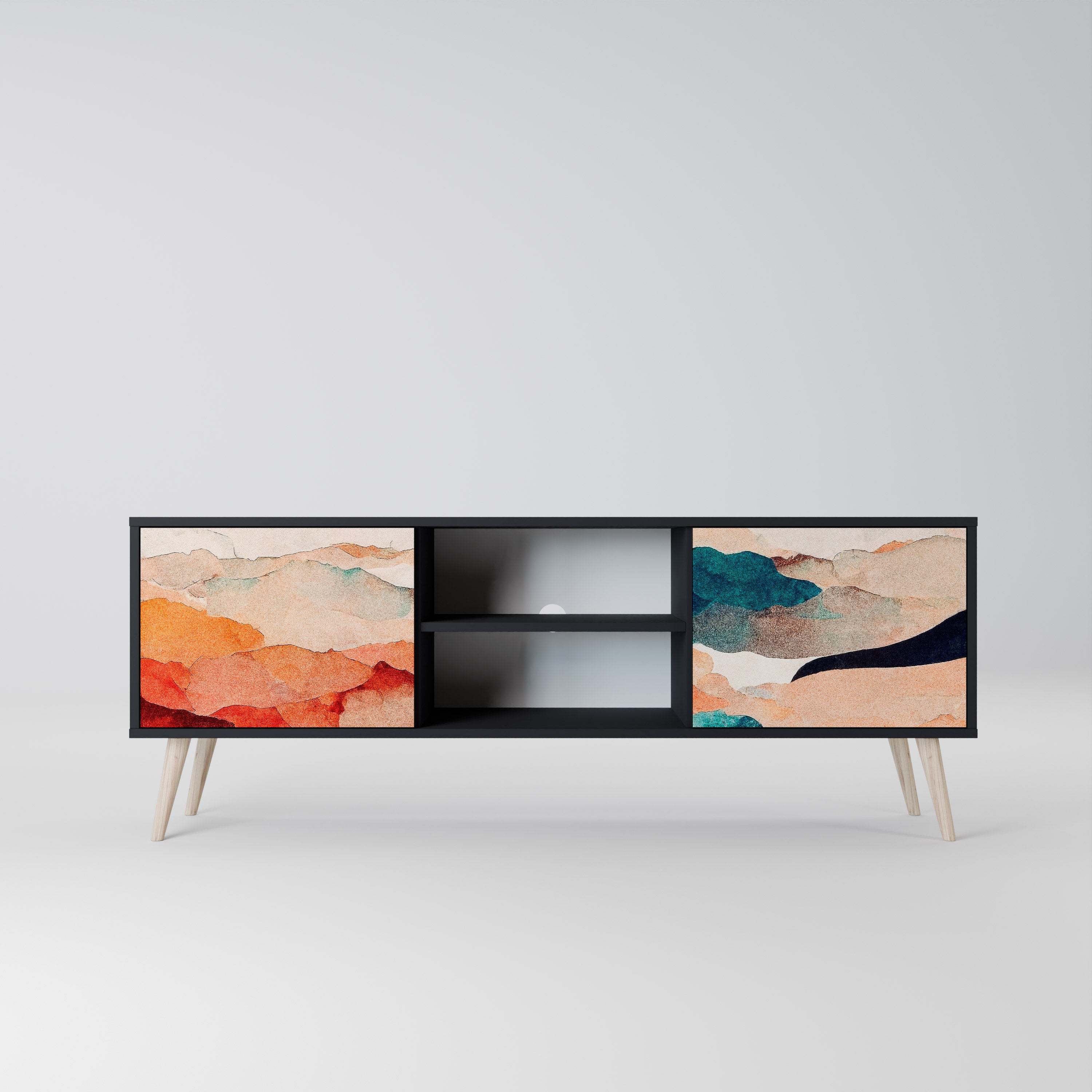 Mueble de TV de 2 puertas PAISAJE ABSTRACTO en acabado negro