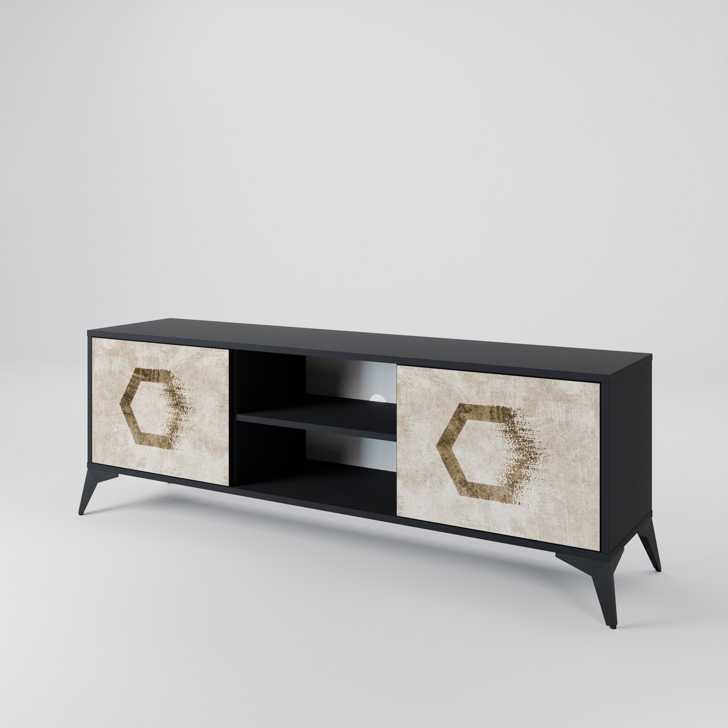 Mueble de TV de 2 puertas con formas hexagonales en acabado negro