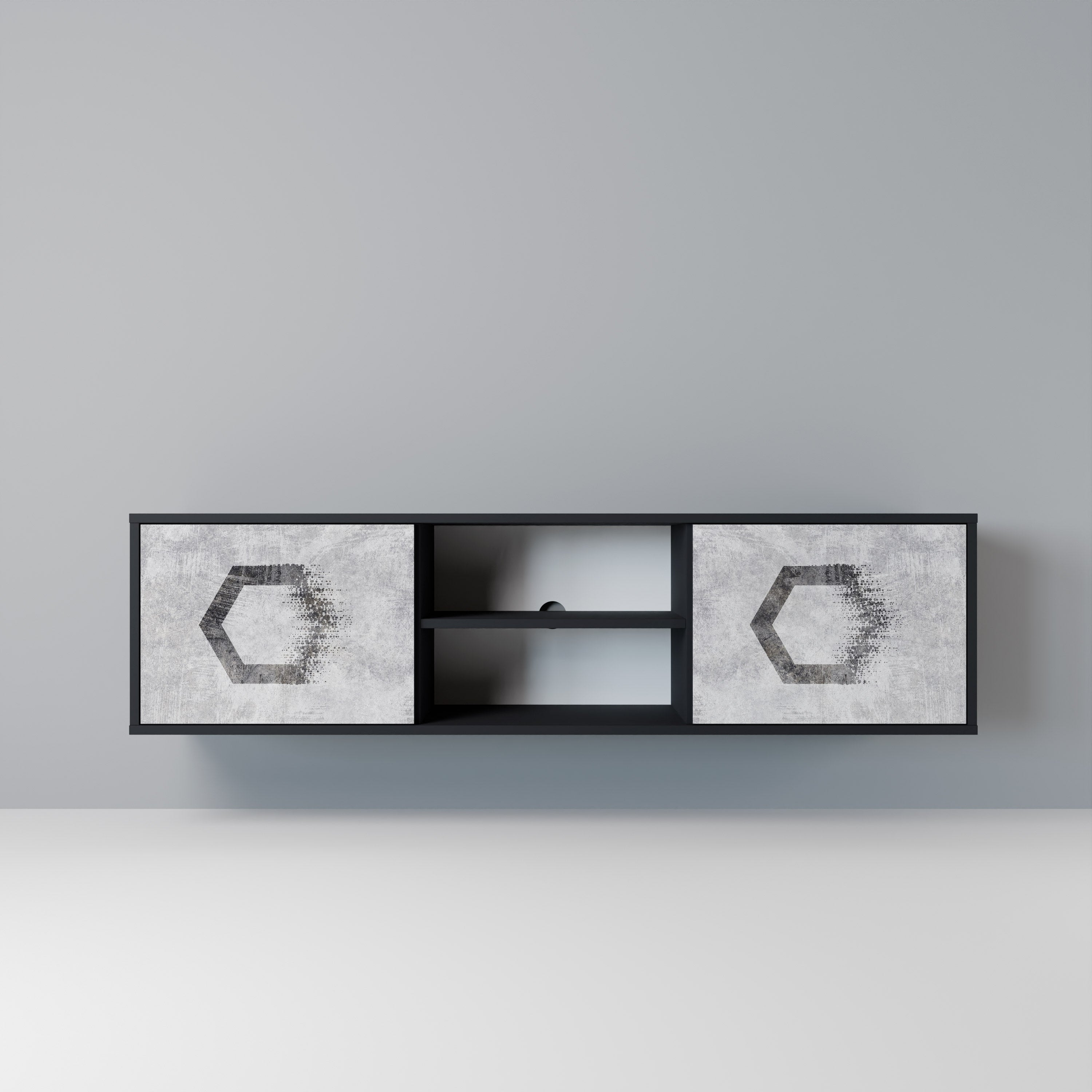 Mueble de TV de 2 puertas con figuras hexagonales en acabado negro