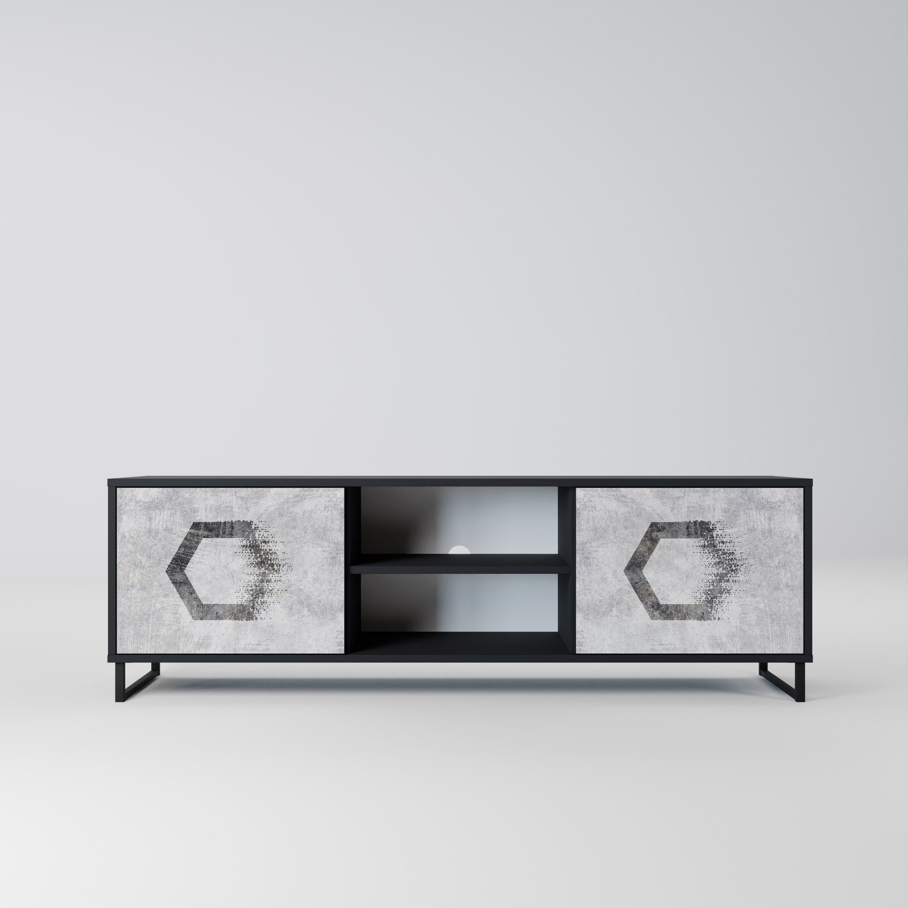 Mueble de TV de 2 puertas con figuras hexagonales en acabado negro