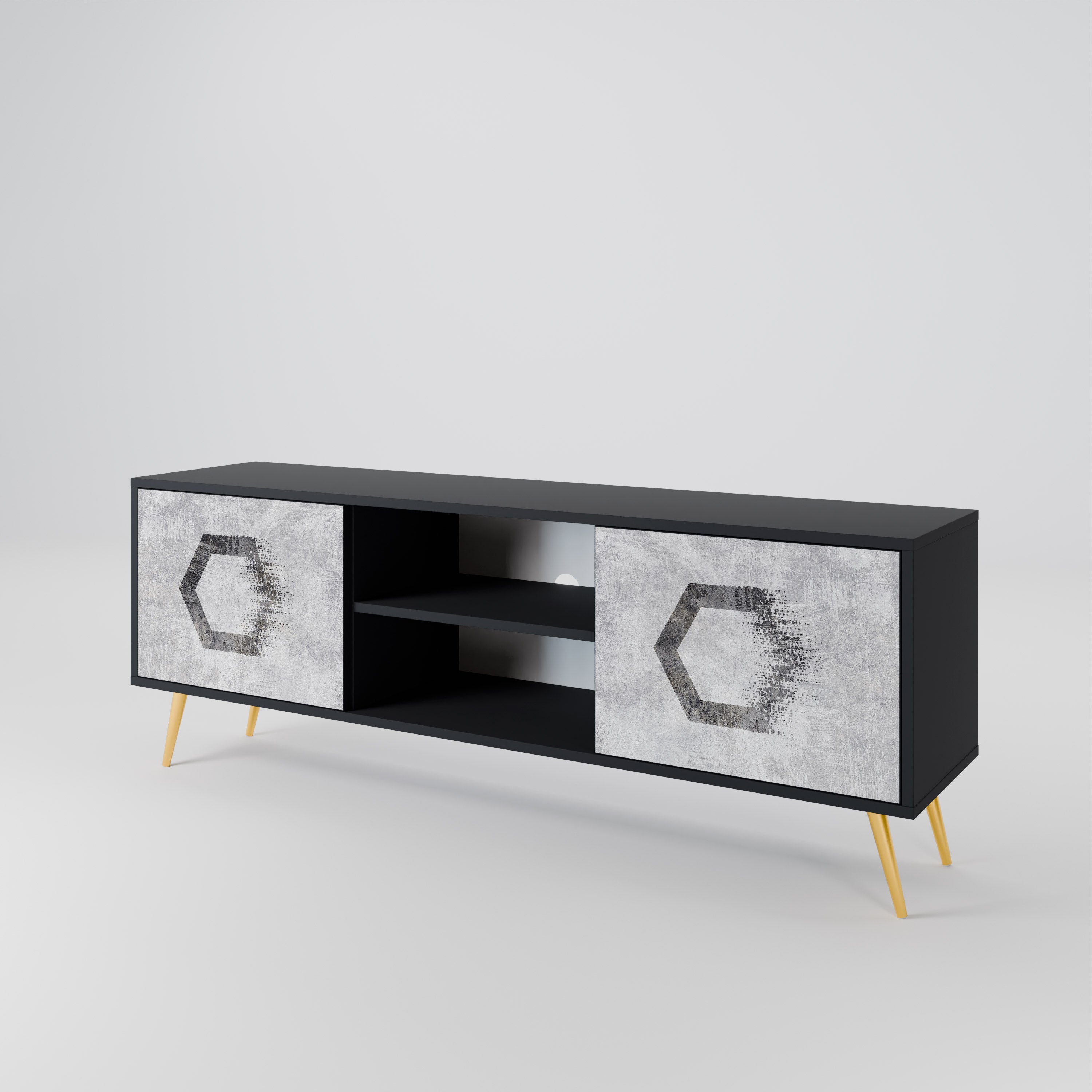 Mueble de TV de 2 puertas con figuras hexagonales en acabado negro