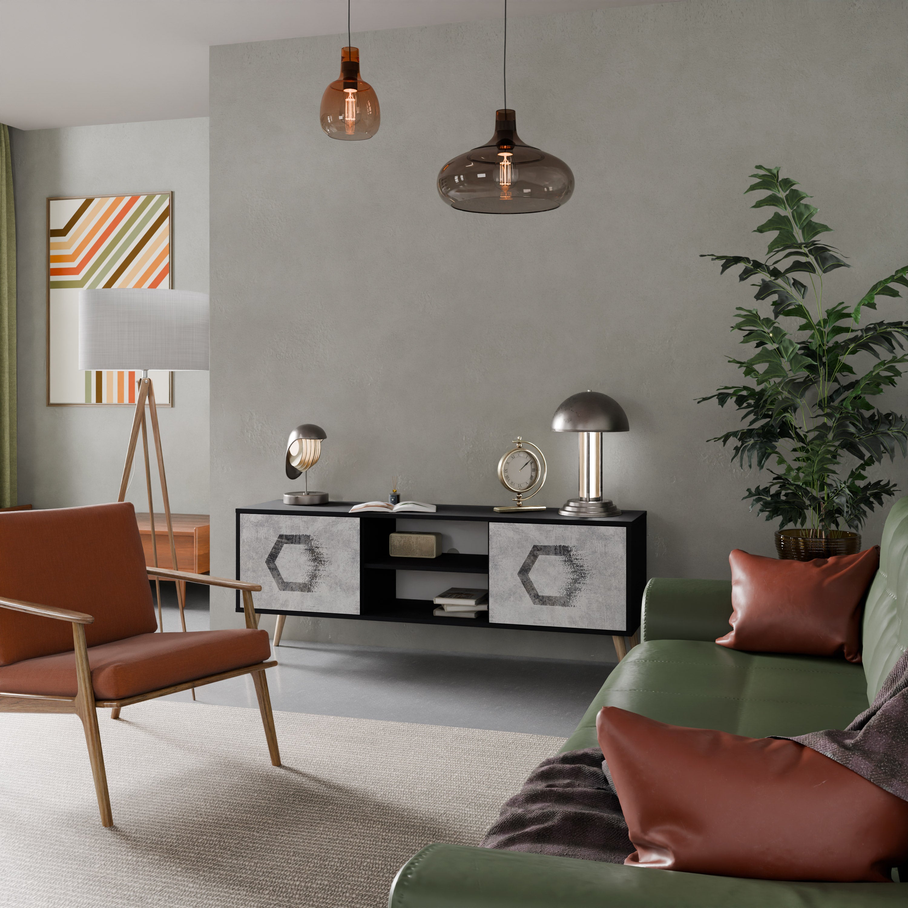 Mueble de TV de 2 puertas con figuras hexagonales en acabado negro