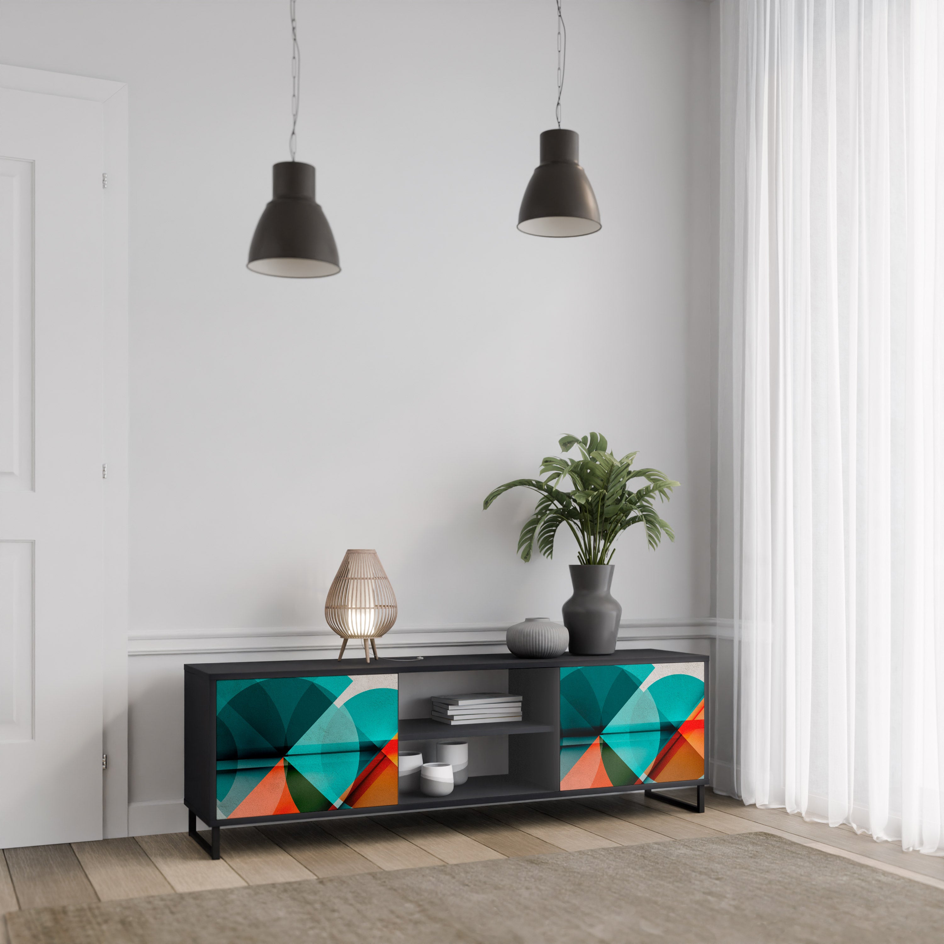 Mueble de TV CIRCULAR RHAPSODY de 2 puertas con acabado negro