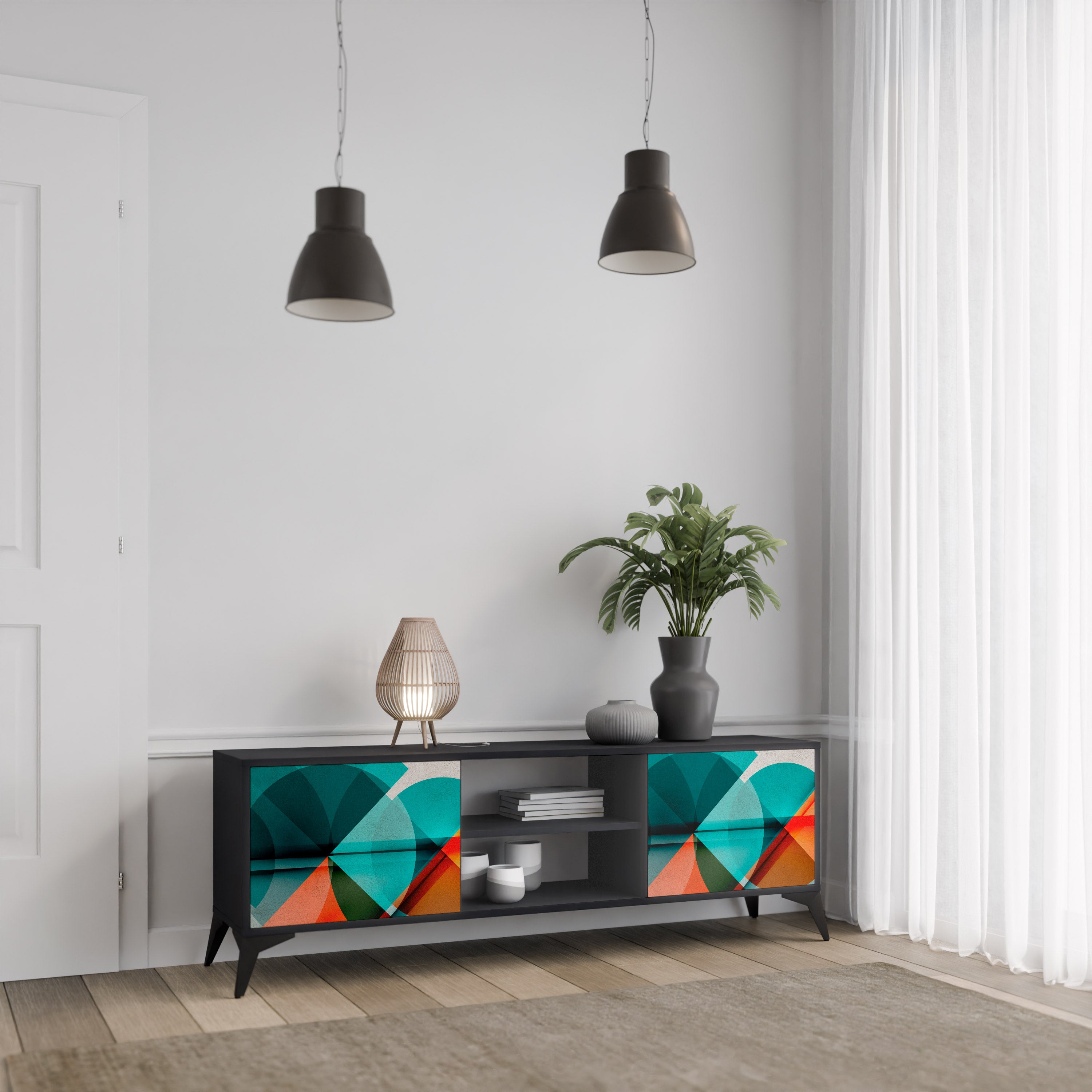 Mueble de TV CIRCULAR RHAPSODY de 2 puertas con acabado negro