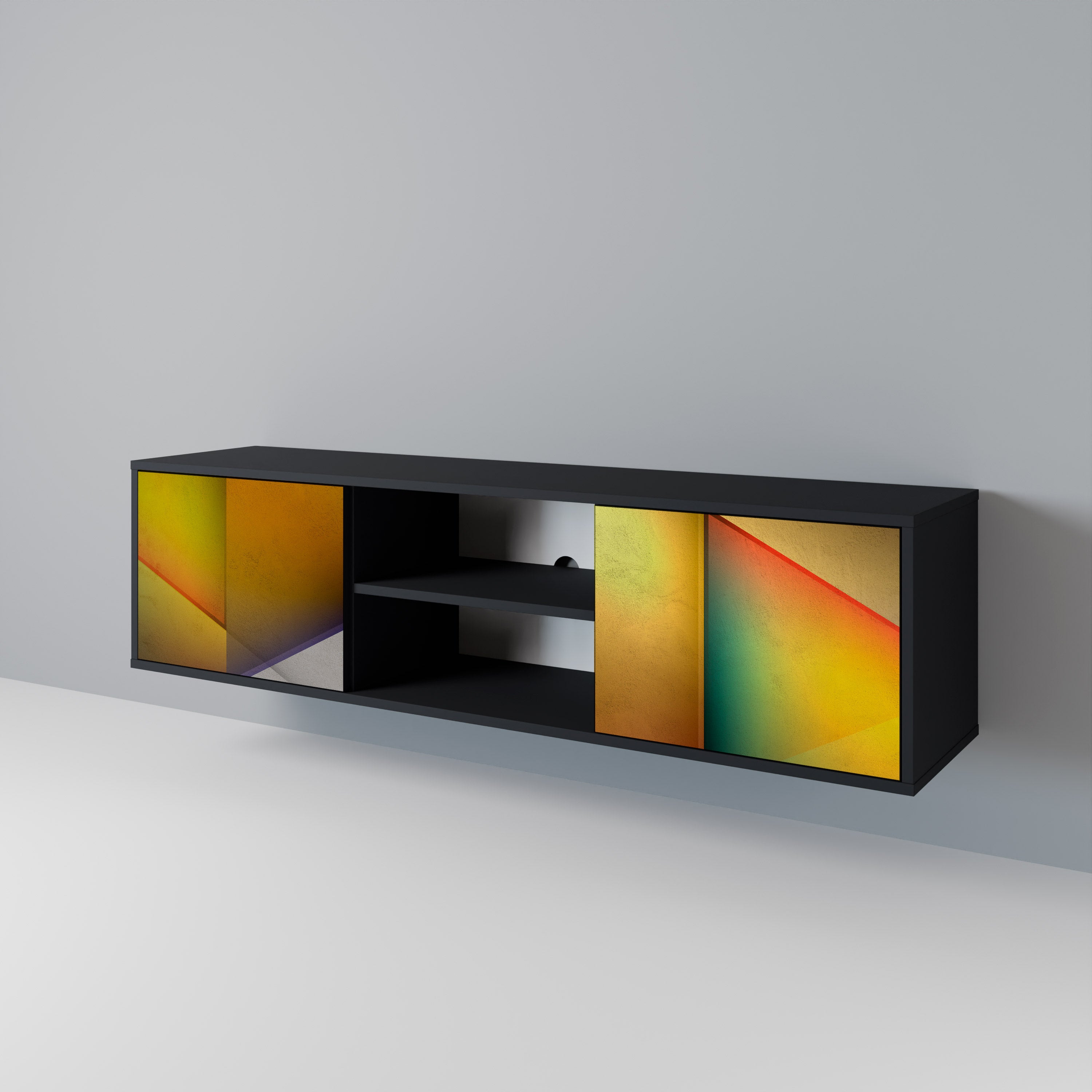 Mueble de TV de 2 puertas con acabado negro y nitidez penetrante