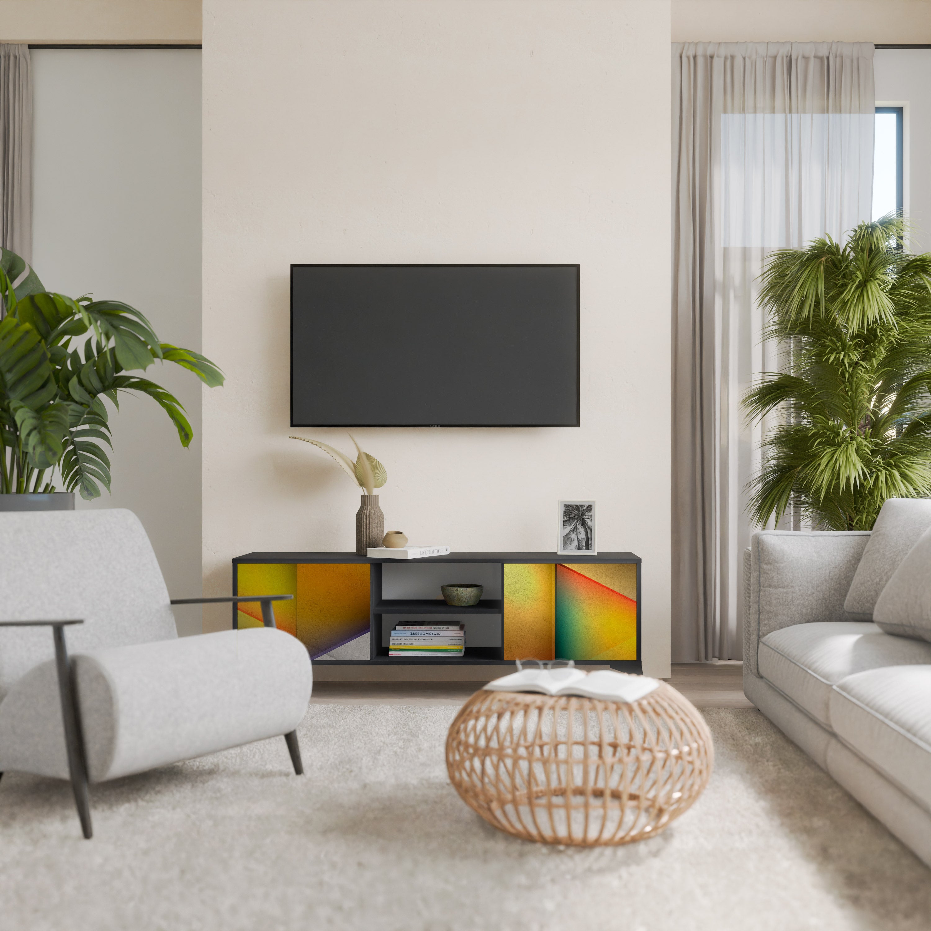 Mueble de TV de 2 puertas con acabado negro y nitidez penetrante