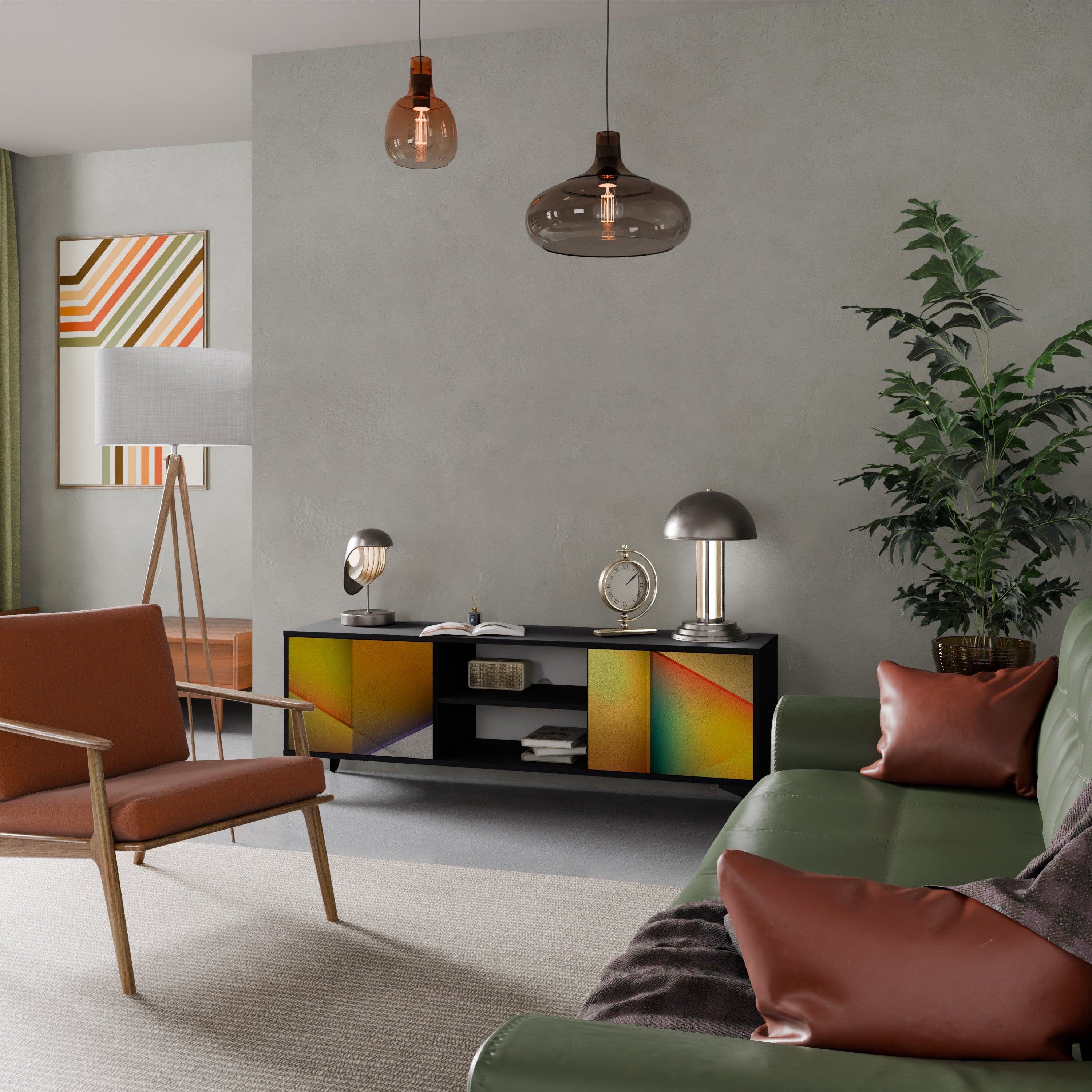 Mueble de TV de 2 puertas con acabado negro y nitidez penetrante