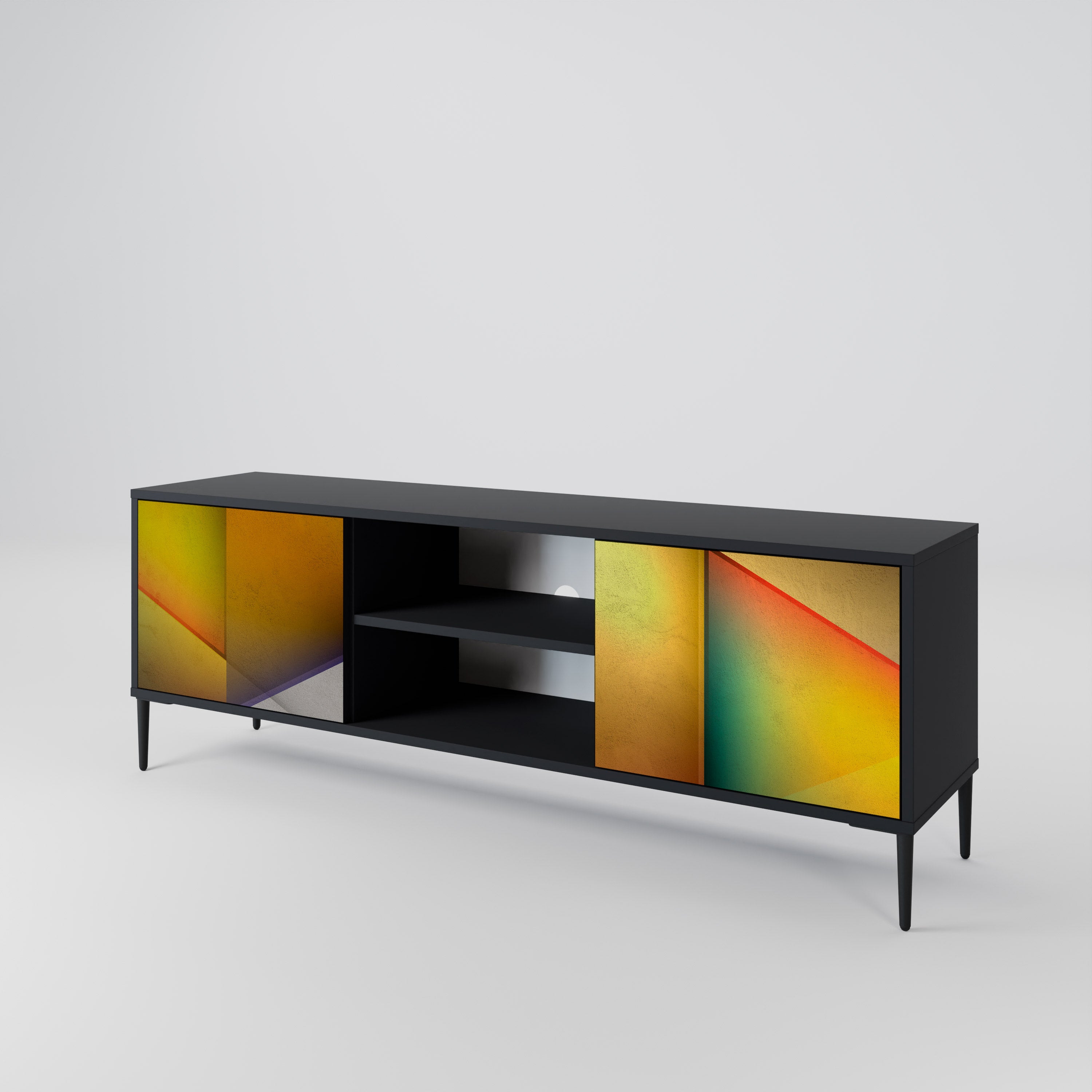 Mueble de TV de 2 puertas con acabado negro y nitidez penetrante