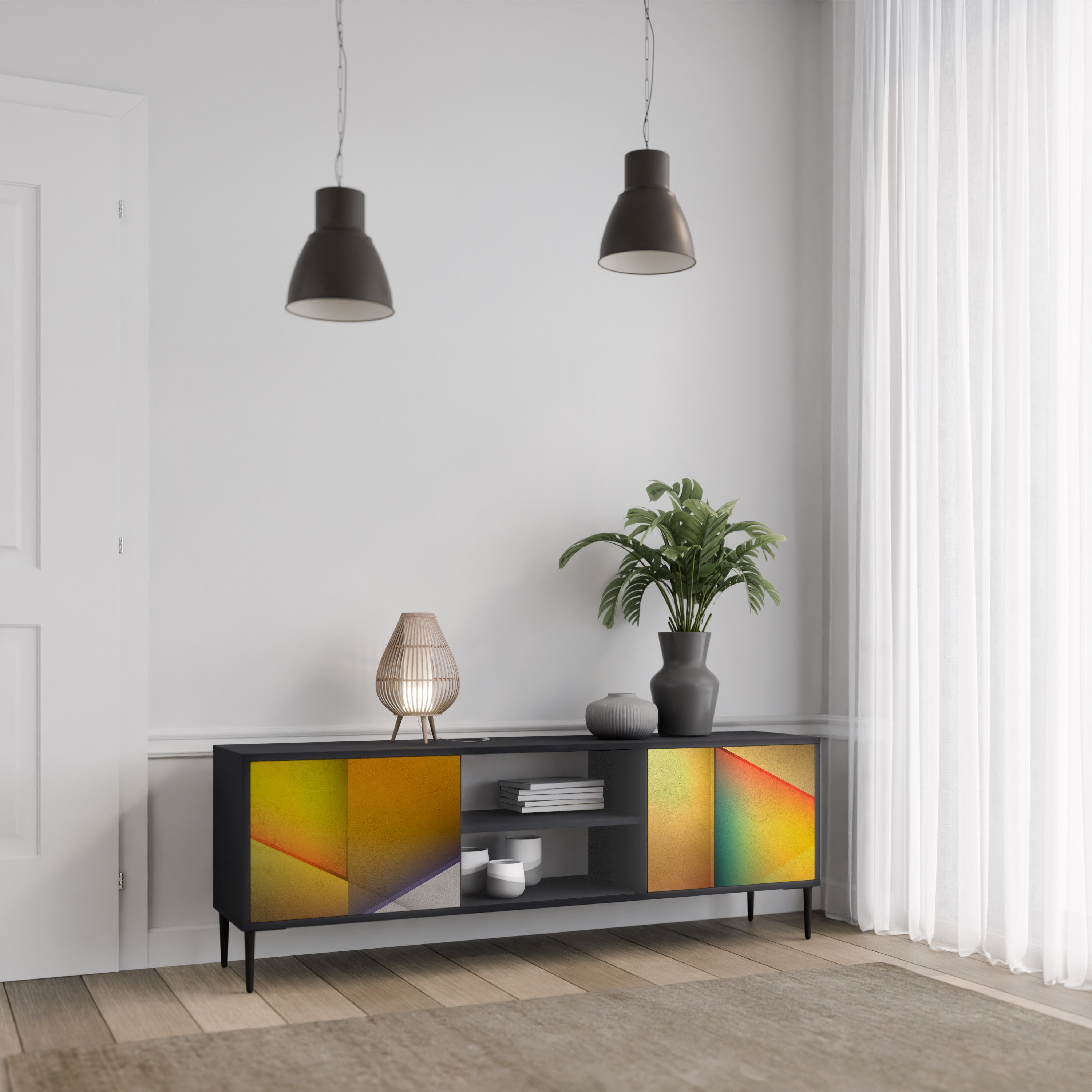 Mueble de TV de 2 puertas con acabado negro y nitidez penetrante