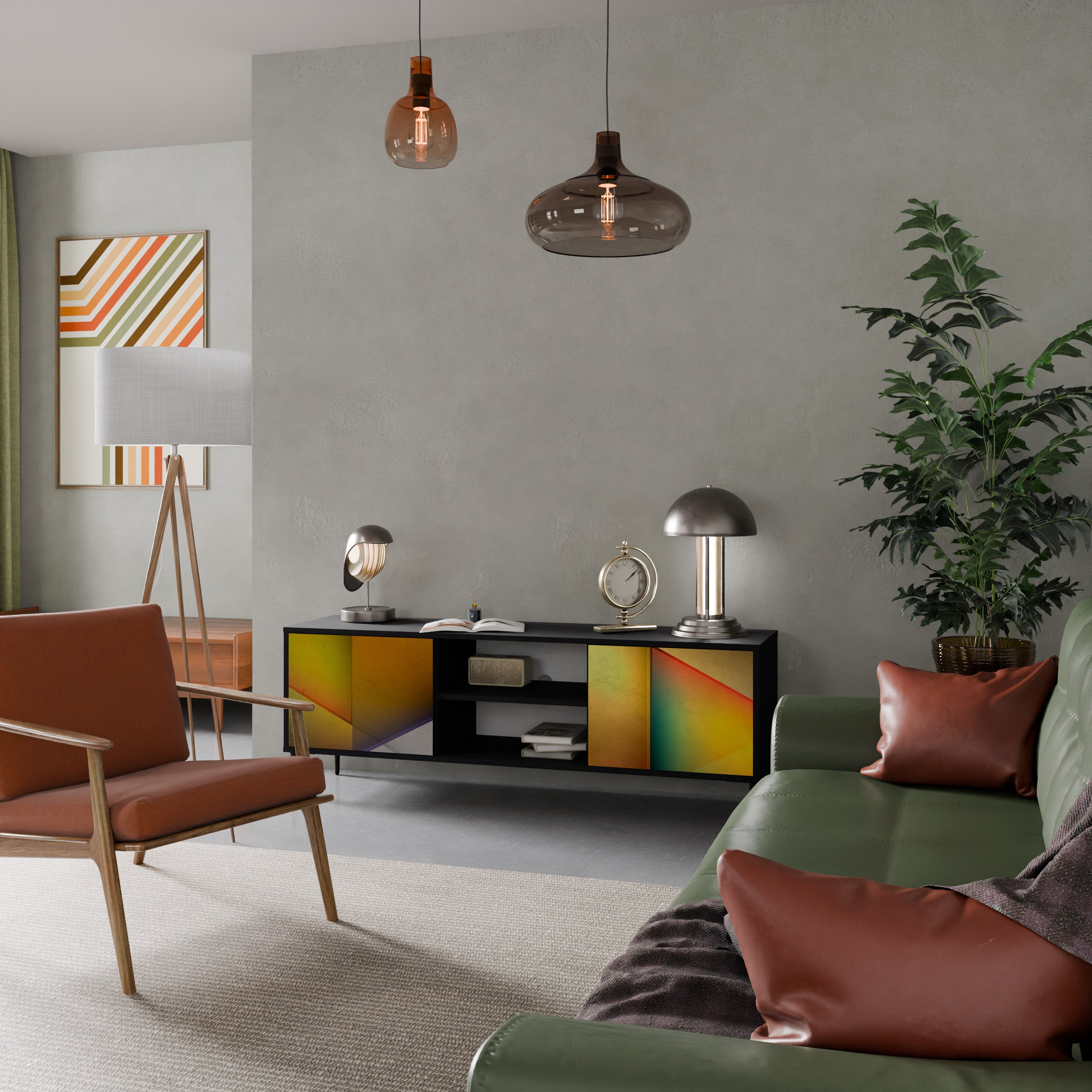 Mueble de TV de 2 puertas con acabado negro y nitidez penetrante