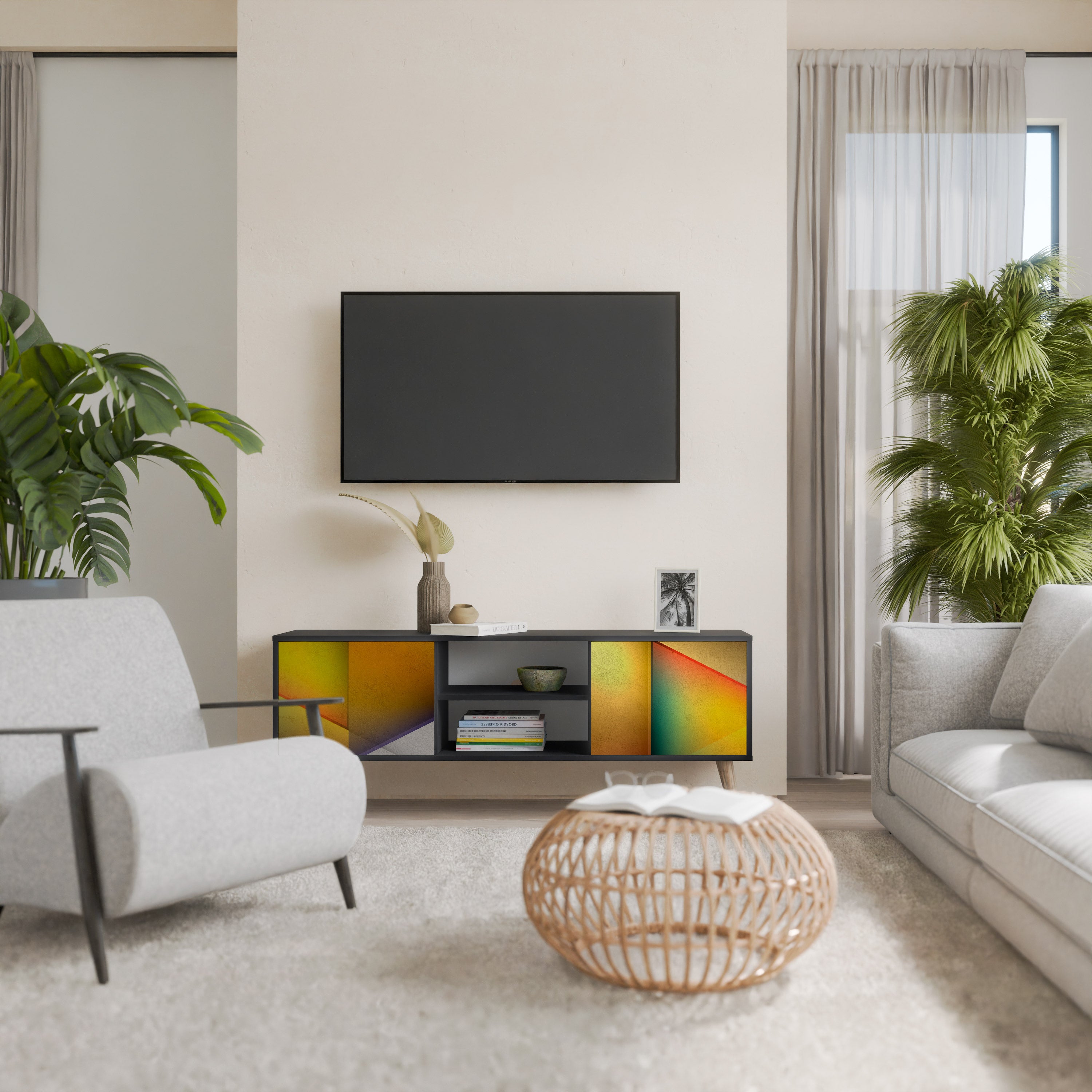 Mueble de TV de 2 puertas con acabado negro y nitidez penetrante