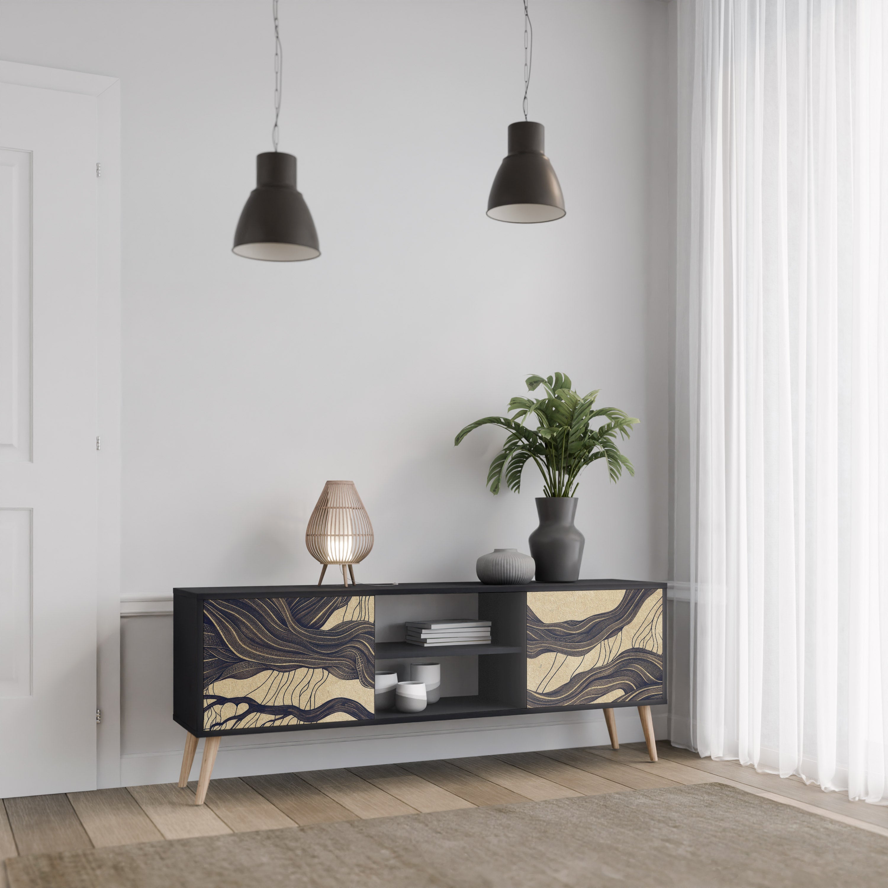 Mueble de TV de 2 puertas UNFIED FRAGMENTS con acabado negro