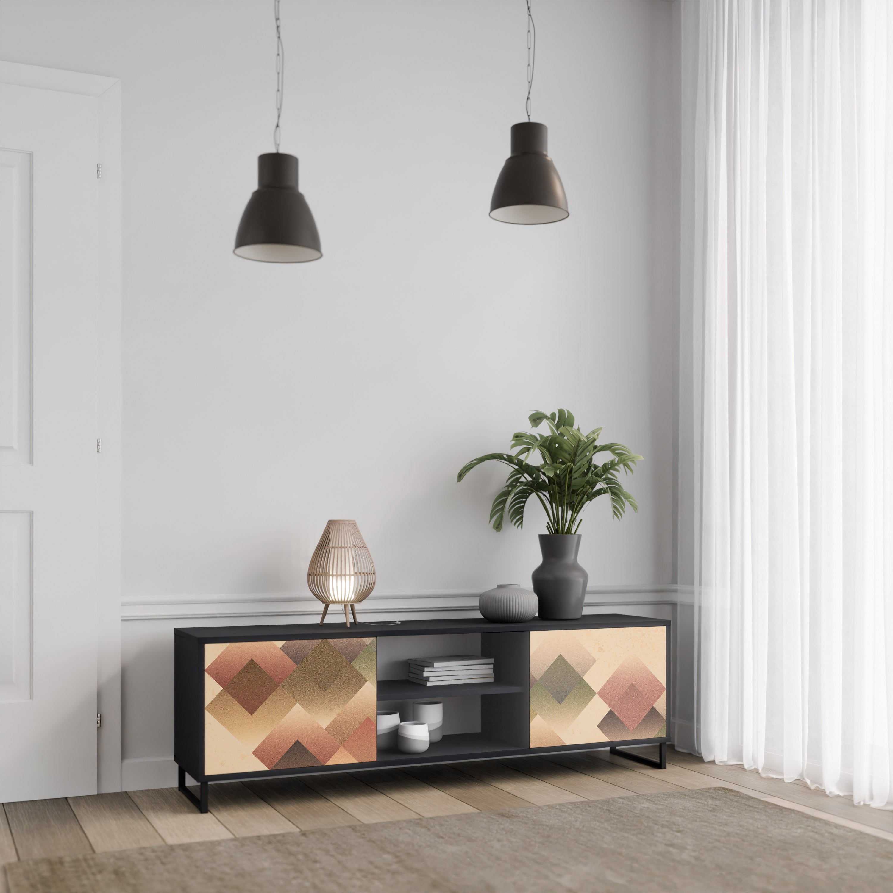 Mueble de TV GEOMETRIC FUSION de 2 puertas con acabado negro